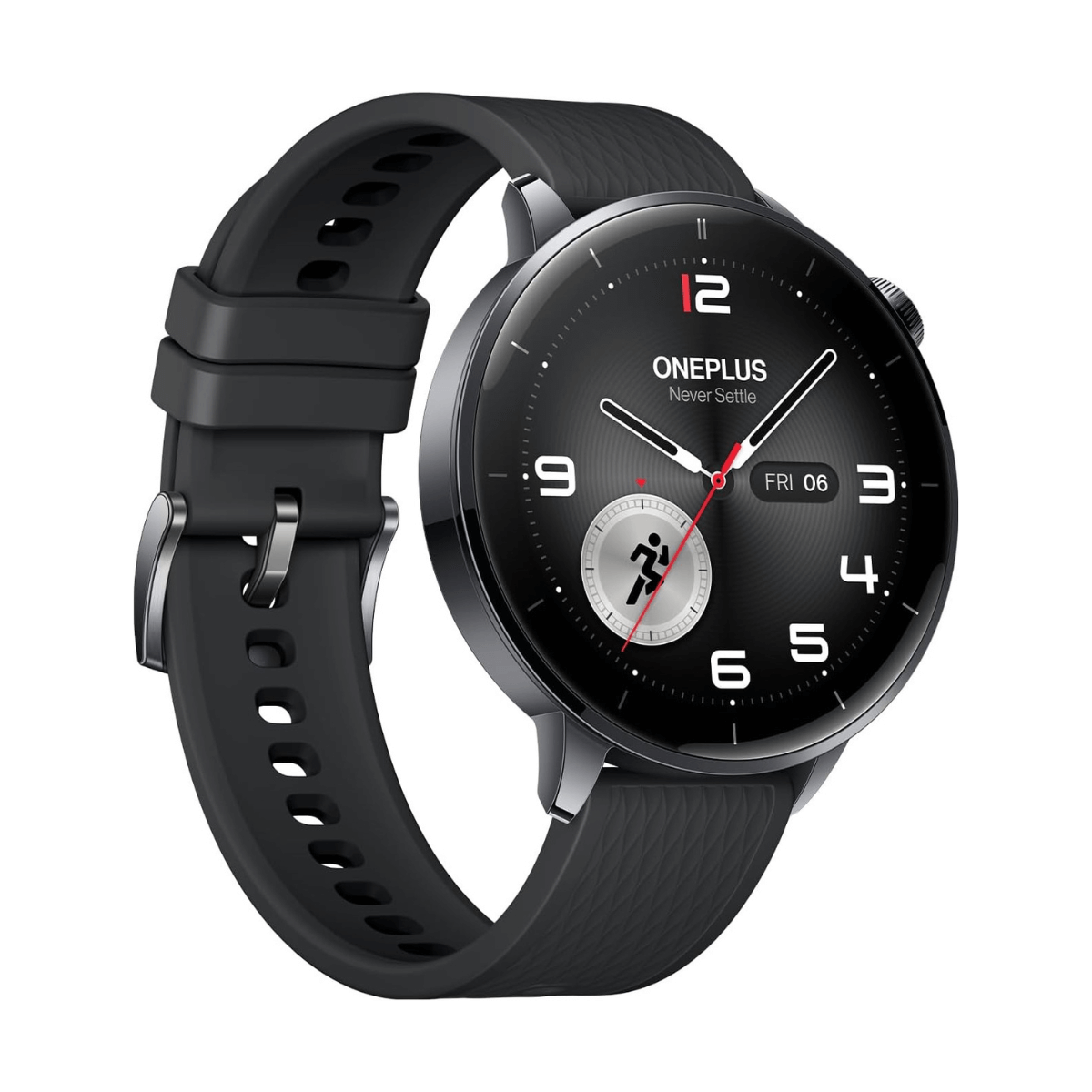 Czarny smartwatch OnePlus z czarnym paskiem, pokazujący godzinę i datę. Zegarek jest na białym tle. Marka jest widoczna.
