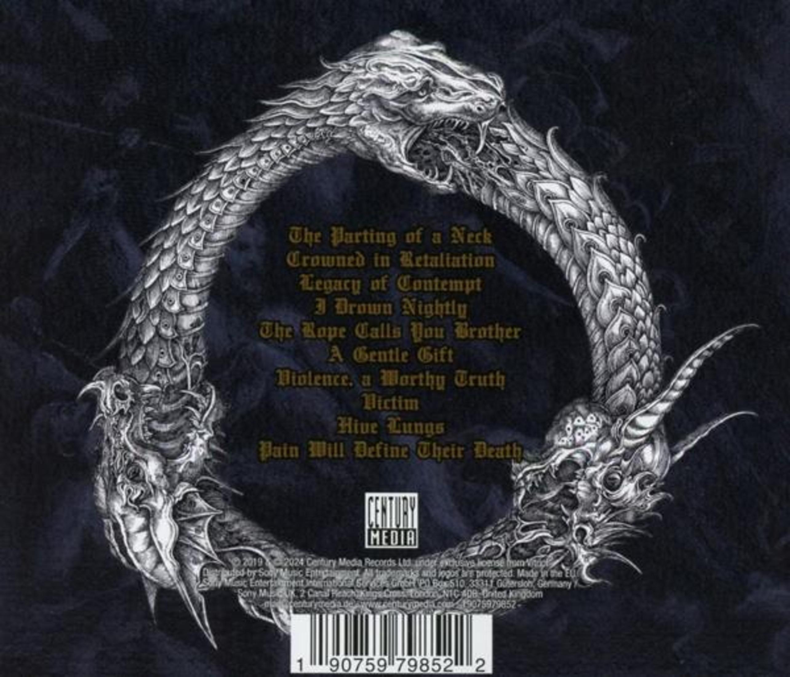 Albumcover-Kunst zeigt ein detailliertes drachenartiges Wesen, das einen Kreis bildet, Text darin und einen Barcode unten.