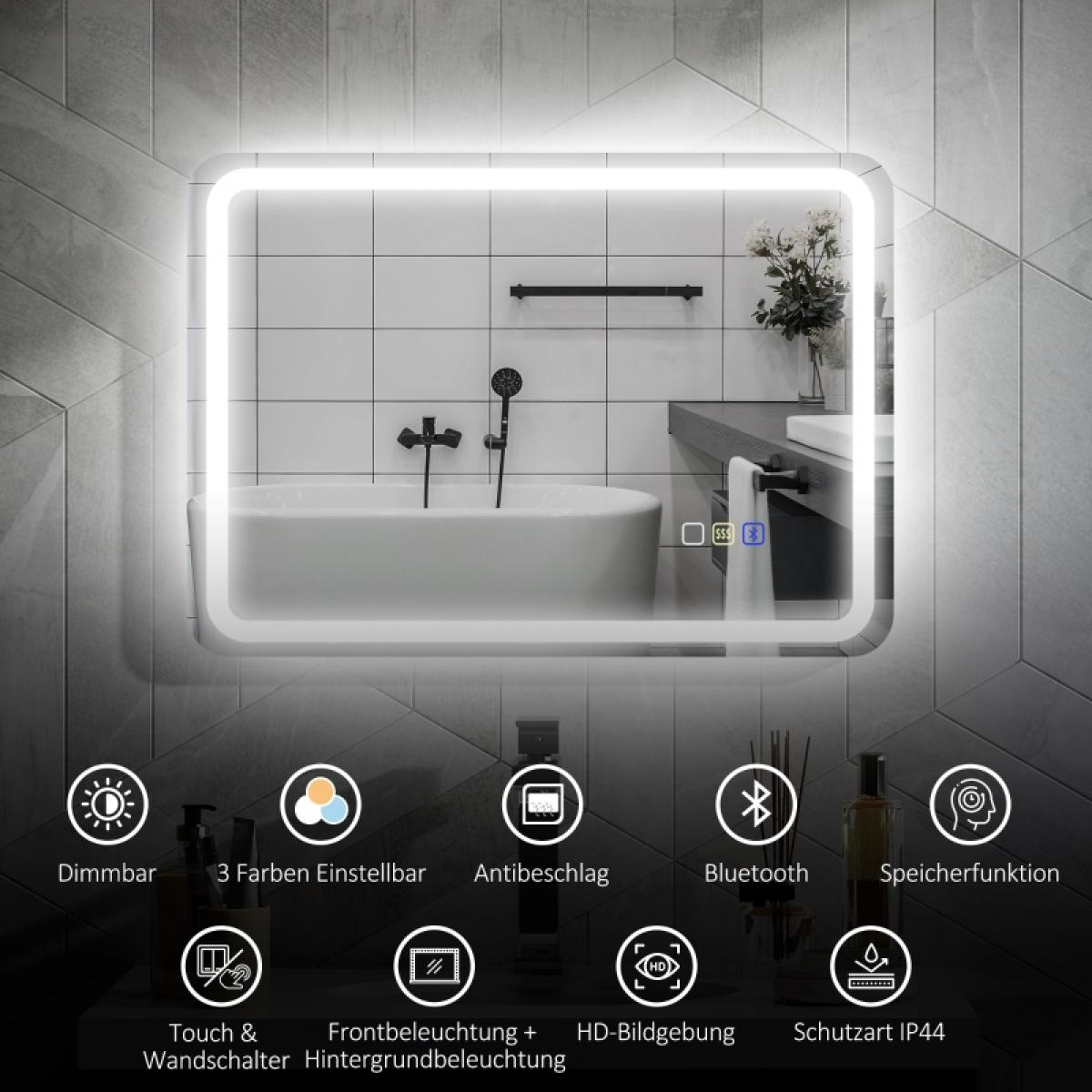 Ein beleuchteter Spiegel in einem Badezimmer spiegelt eine Wanne und Armaturen wider. Symbole unten zeigen Dimmen, Farboptionen, Antibeschlag, Bluetooth und Speicher.