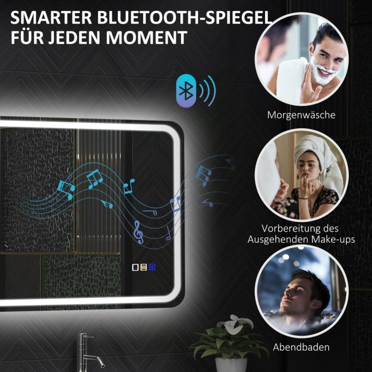 Ein intelligenter Spiegel mit Bluetooth und Noten. Er zeigt einen Mann beim Rasieren, eine Frau beim Schminken und einen Mann in der Badewanne.