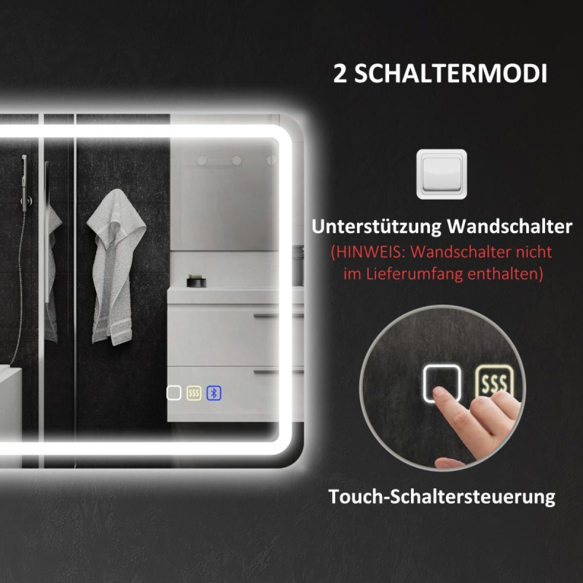 Ein beleuchteter Spiegel mit Touch-Bedienelementen wird angezeigt. Text zeigt zwei Schaltermodi, Unterstützung für Wandschalter und Touch-Schaltersteuerung.