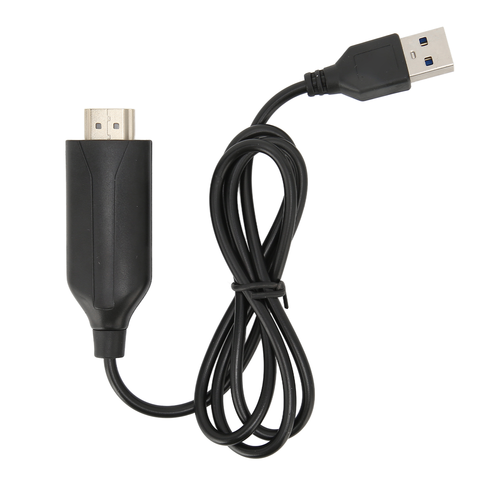 Ein schwarzes HDMI-zu-USB-Kabel liegt auf einer weißen Oberfläche. Das Kabel ist aufgerollt, mit Anschlüssen an jedem Ende.