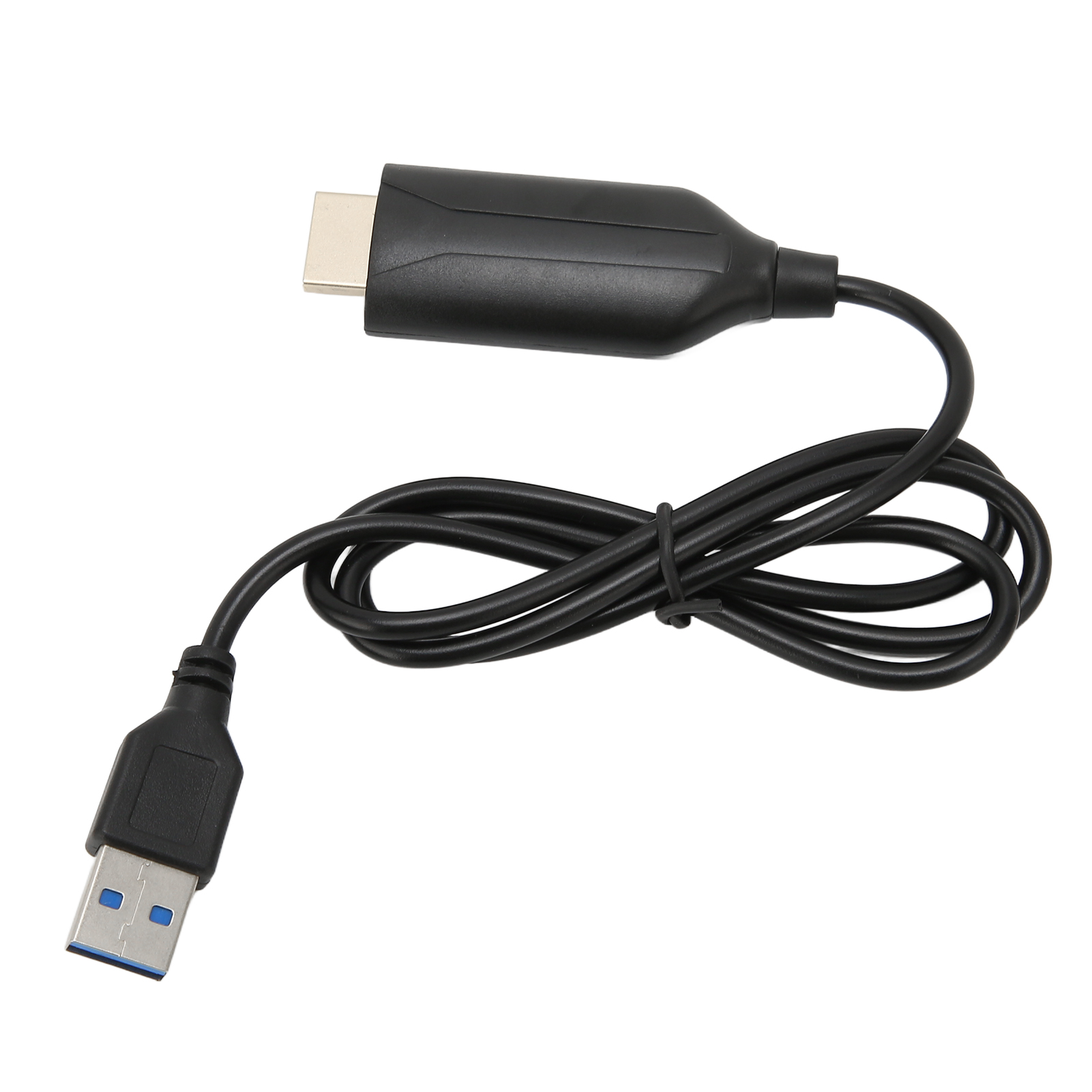 Ein schwarzes USB-zu-HDMI-Kabel auf weißem Hintergrund. Das Kabel ist aufgerollt und zeigt die Anschlüsse.