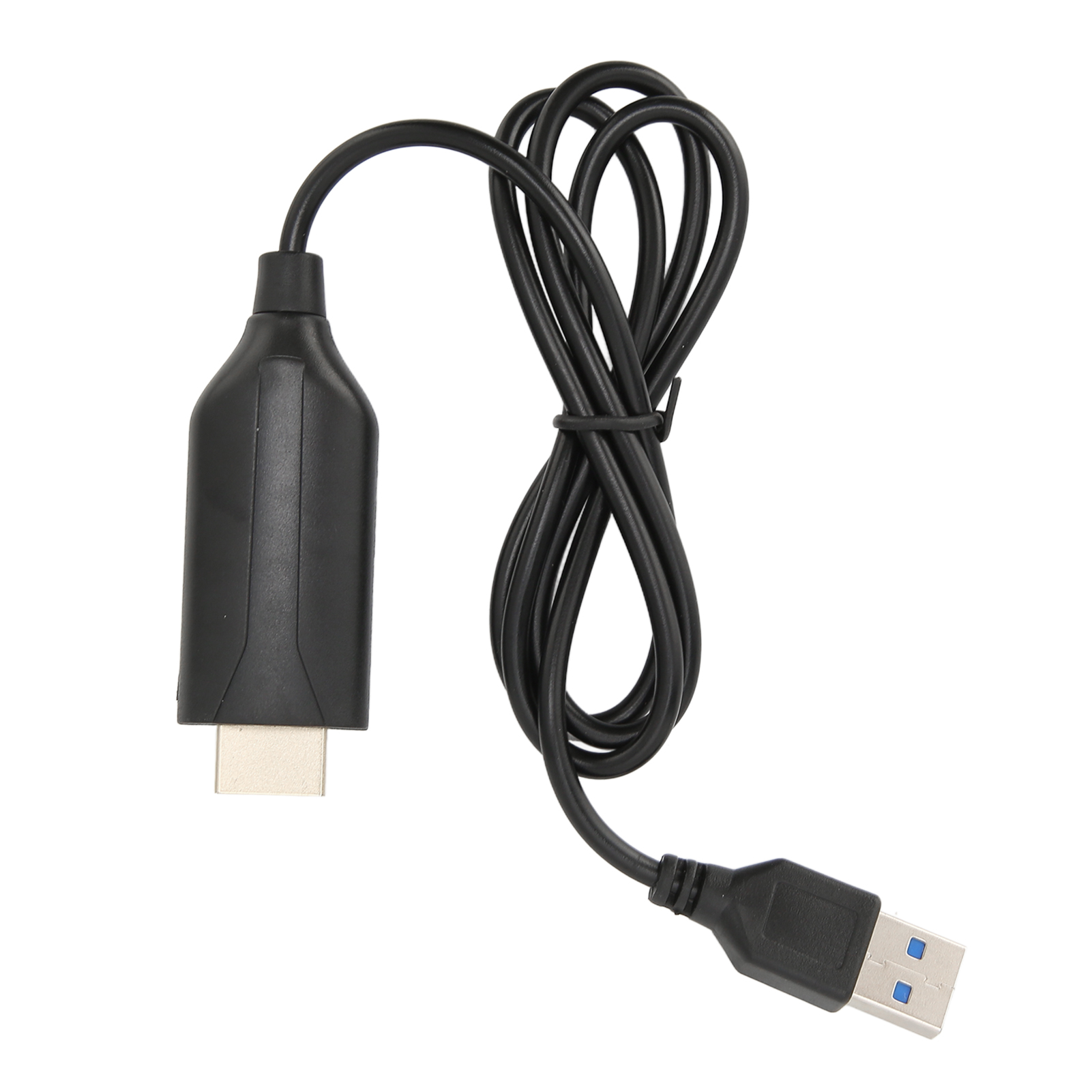 Ein schwarzes USB-Kabel mit einem USB-A- und einem USB-C-Anschluss, geschlungen. Der Hintergrund ist weiß.
