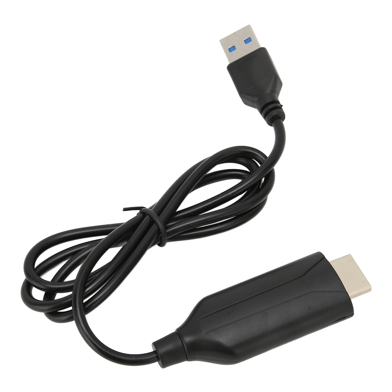 Ein schwarzes USB-zu-HDMI-Kabel. Das USB-Ende ist blau und das HDMI-Ende silberfarben. Das Kabel ist auf weißem Hintergrund gekräuselt.