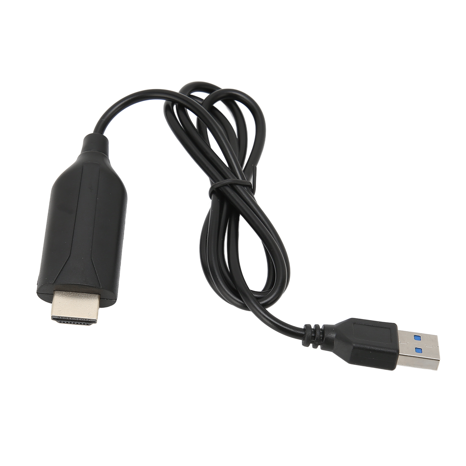 Ein schwarzes HDMI-zu-USB-Kabel liegt auf einer weißen Oberfläche. Das Kabel ist aufgerollt und hat einen HDMI- und einen USB-Anschluss.