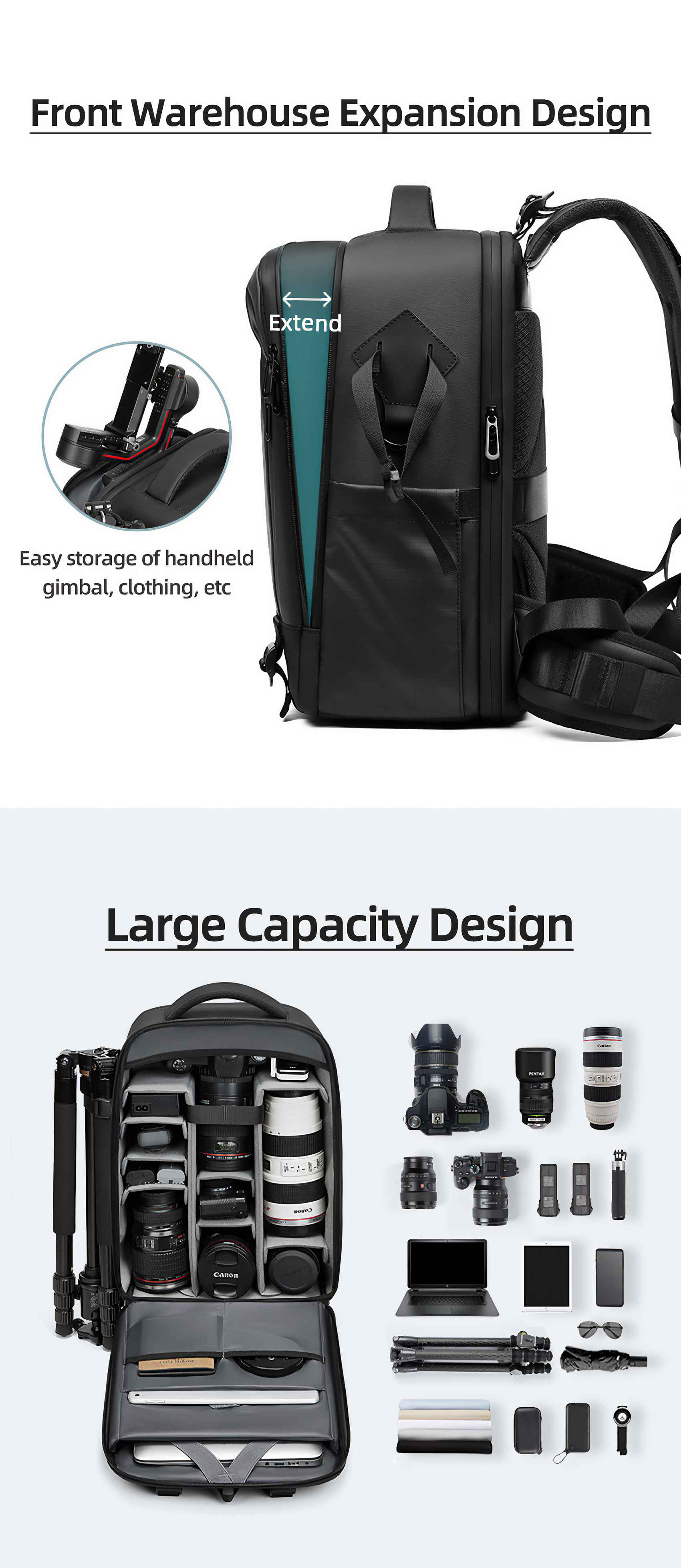 Ein schwarzer Kamerarucksack mit offenen und geschlossenen Abschnitten. Er enthält ein Gimbal, Objektive, eine Kamera und anderes Zubehör. Das Design ist erweiterbar.