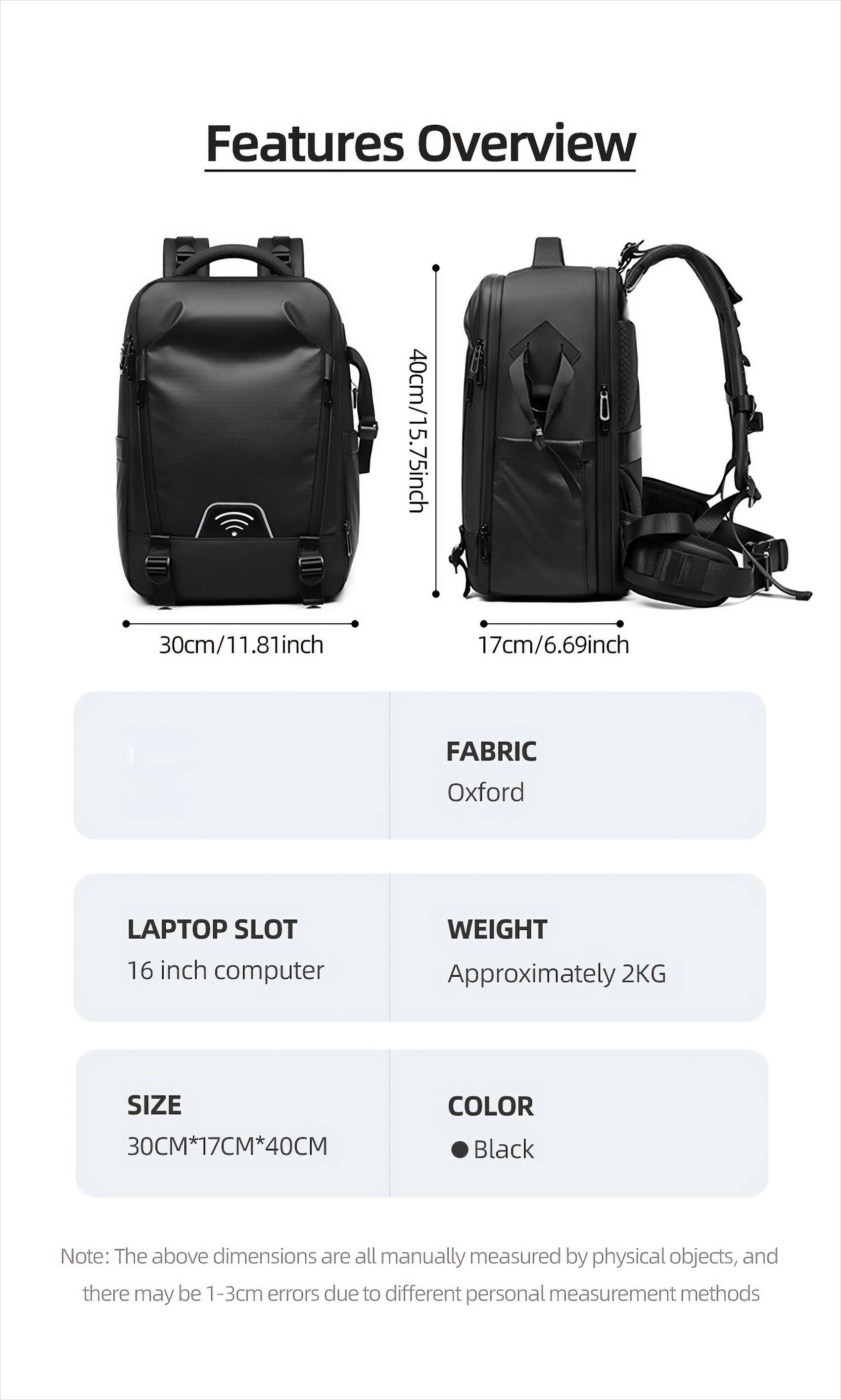 Schwarzer Rucksack mit Abmessungen und Funktionen. Stoff ist Oxford, passt für einen 16-Zoll-Computer und wiegt ca. 2 kg.