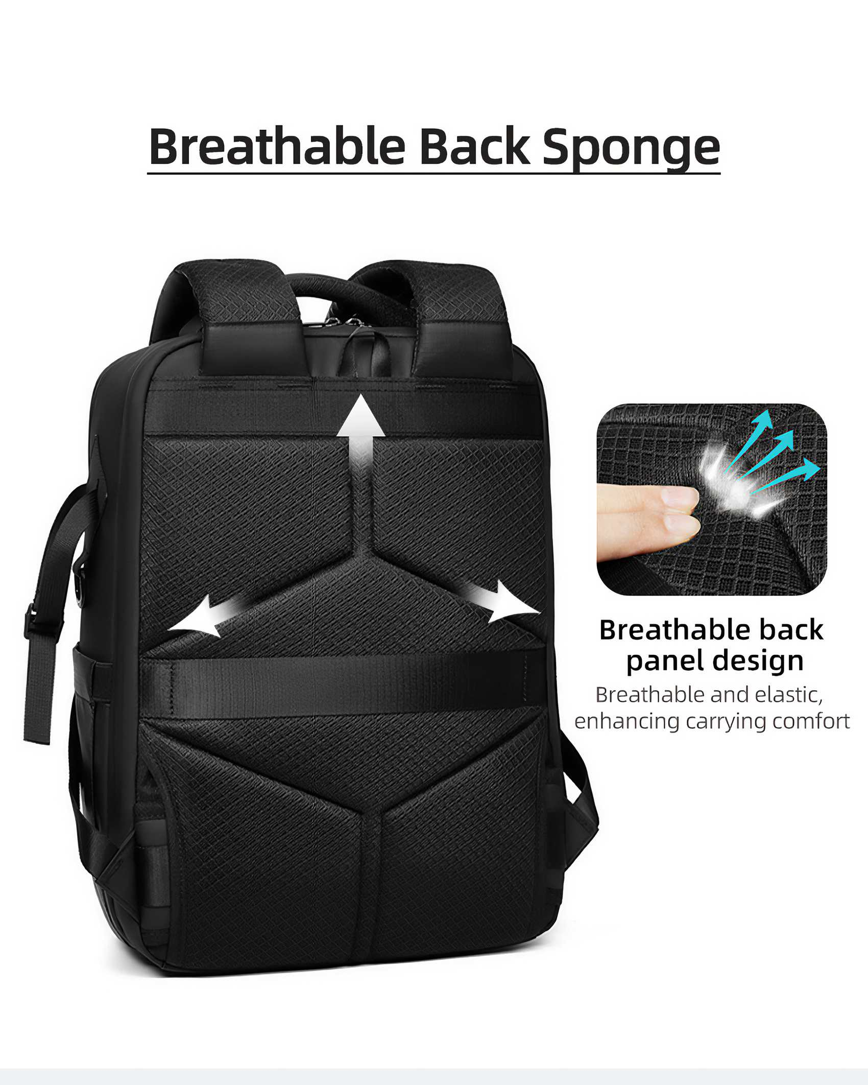 Schwarzer Rucksack mit atmungsaktivem Rückwanddesign. Enthält Pfeile und Text: Atmungsaktiv und elastisch, erhöht den Tragekomfort.