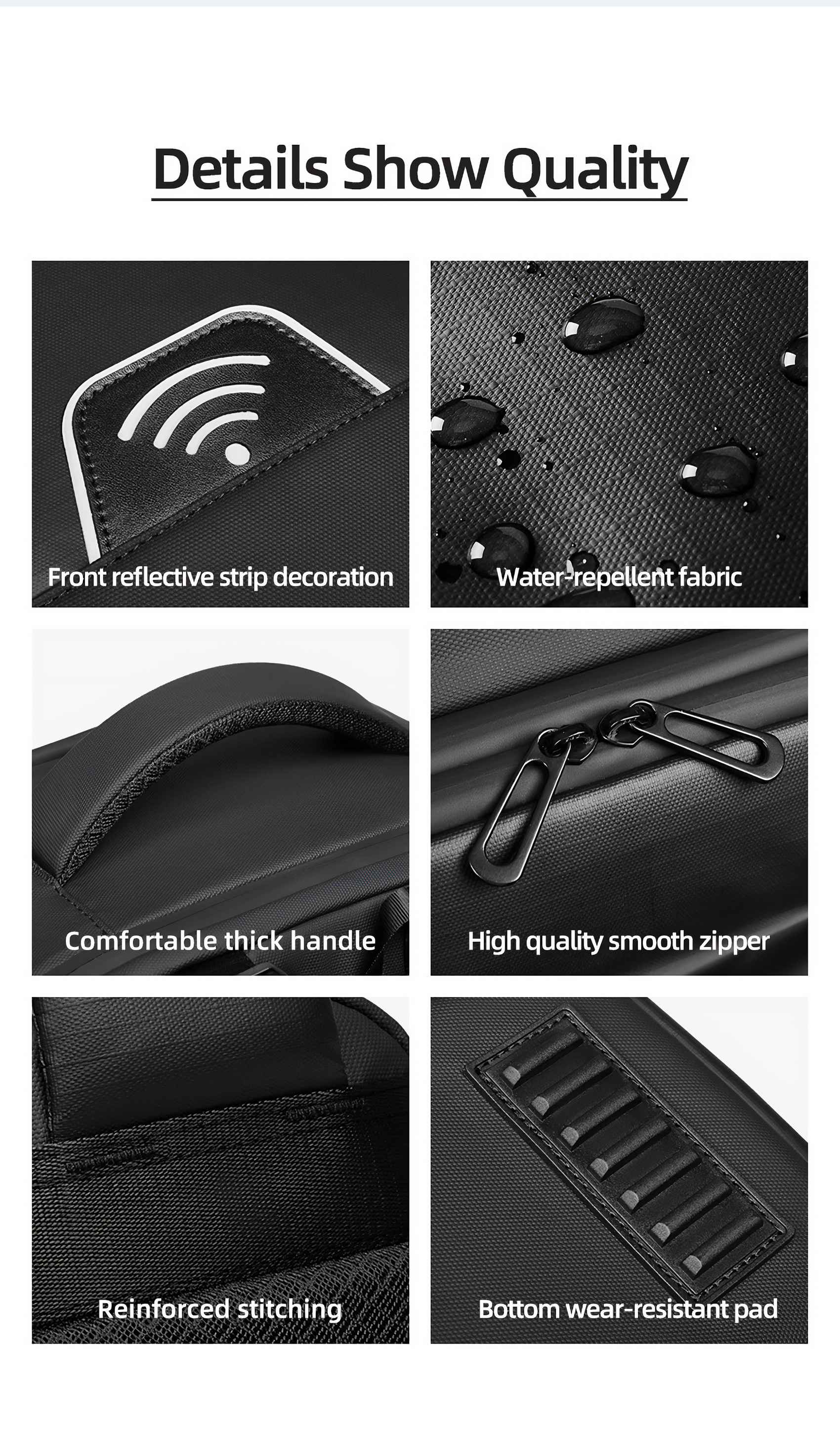 Details einer schwarzen Tasche: reflektierender Streifen, wasserabweisendes Gewebe, Griff, Reißverschluss, Nähte und verschleißfestes Pad.