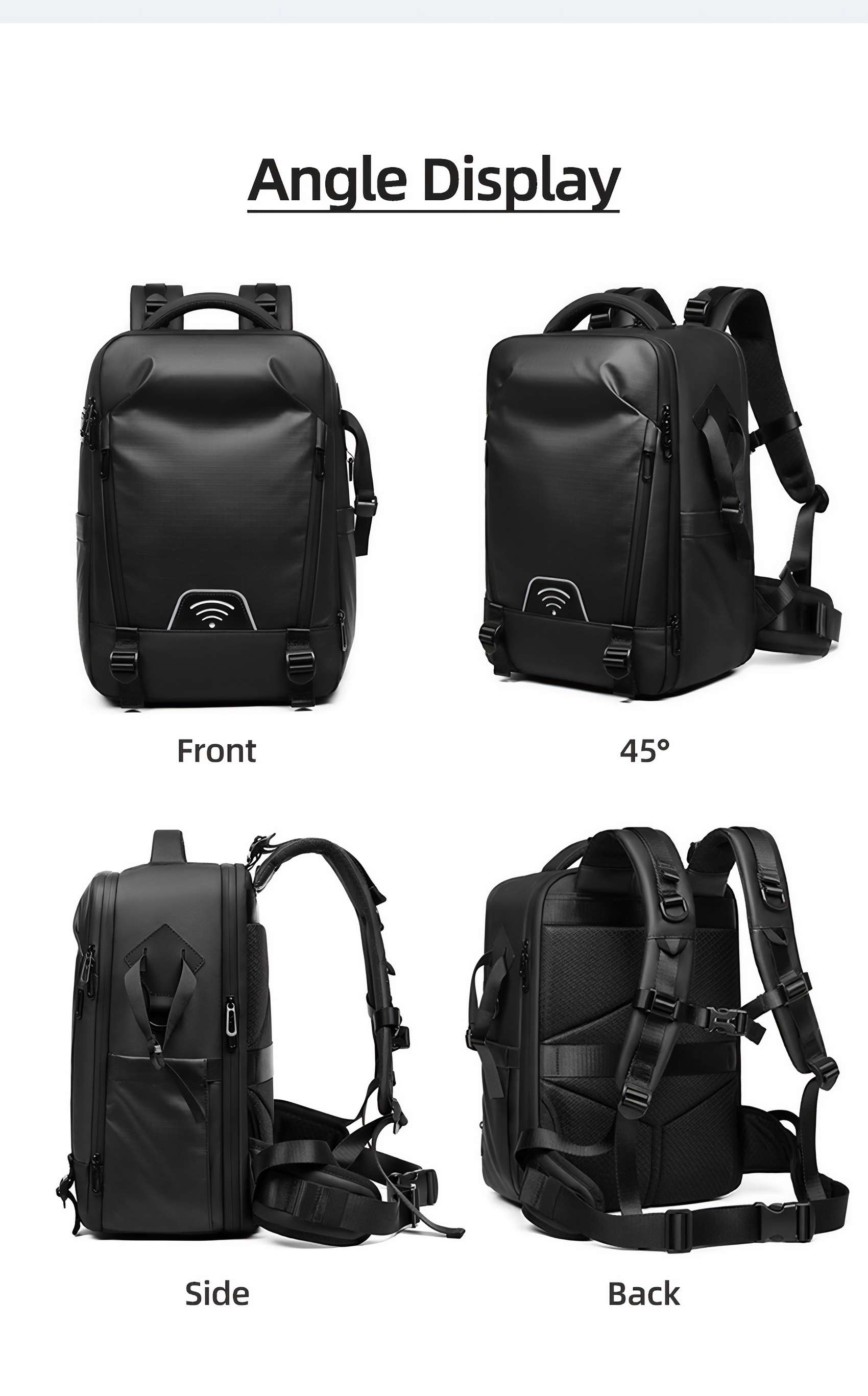 Schwarzer Rucksack, Ansichten: vorne, 45°, Seite, hinten. Text: Winkelanzeige. Tasche hat Fächer und Riemen.