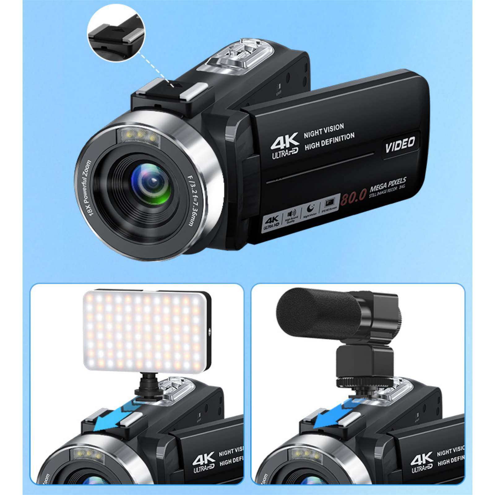 Eine schwarze 4K Ultra HD Videokamera mit Zubehör: LED-Licht und Mikrofon. Zu den Funktionen gehören Zoom, Nachtsicht und 80 MP.