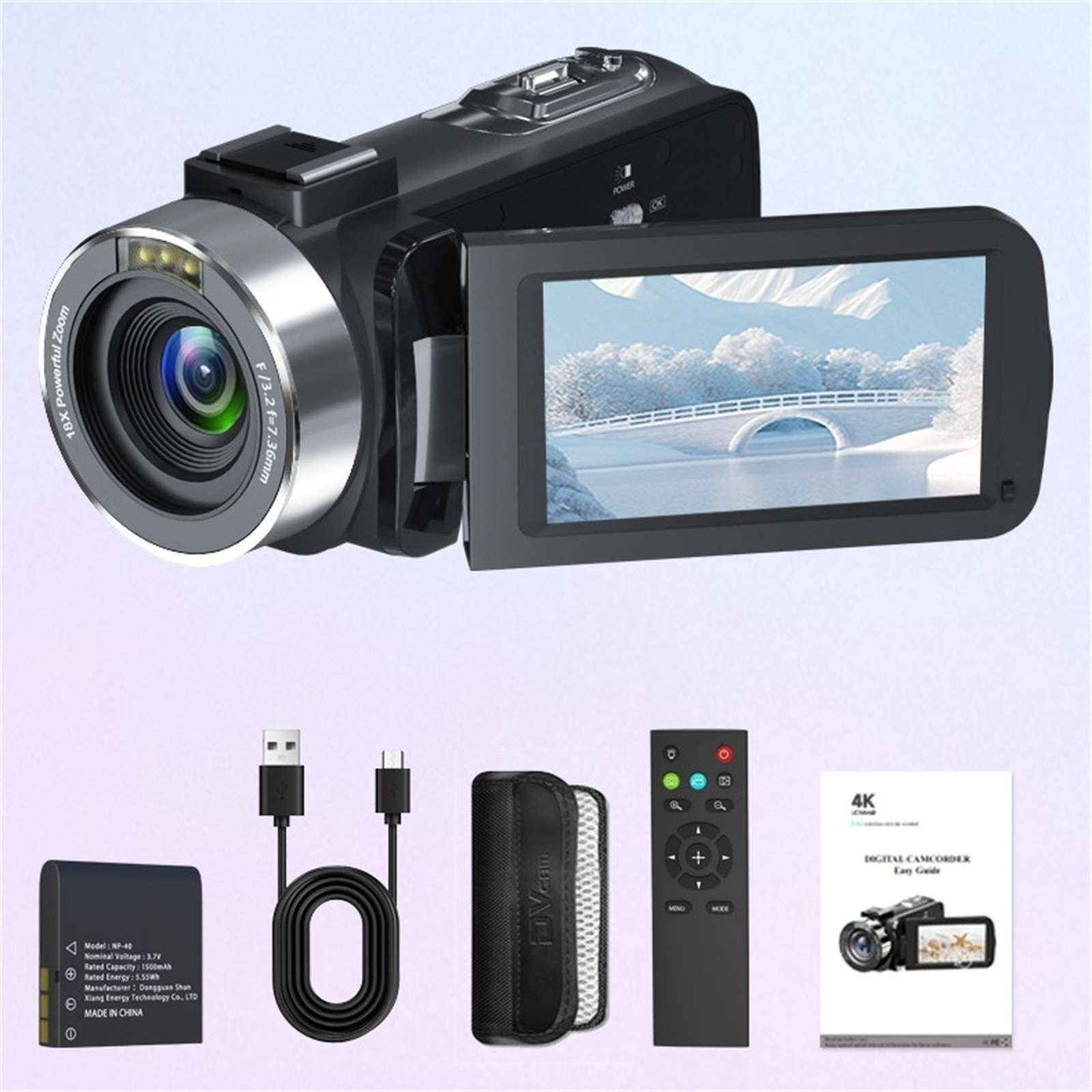 Ein digitaler Camcorder mit Zubehör wie Akku, Kabeln, Fernbedienung und Handbuch. Der Bildschirm zeigt eine Brücke.