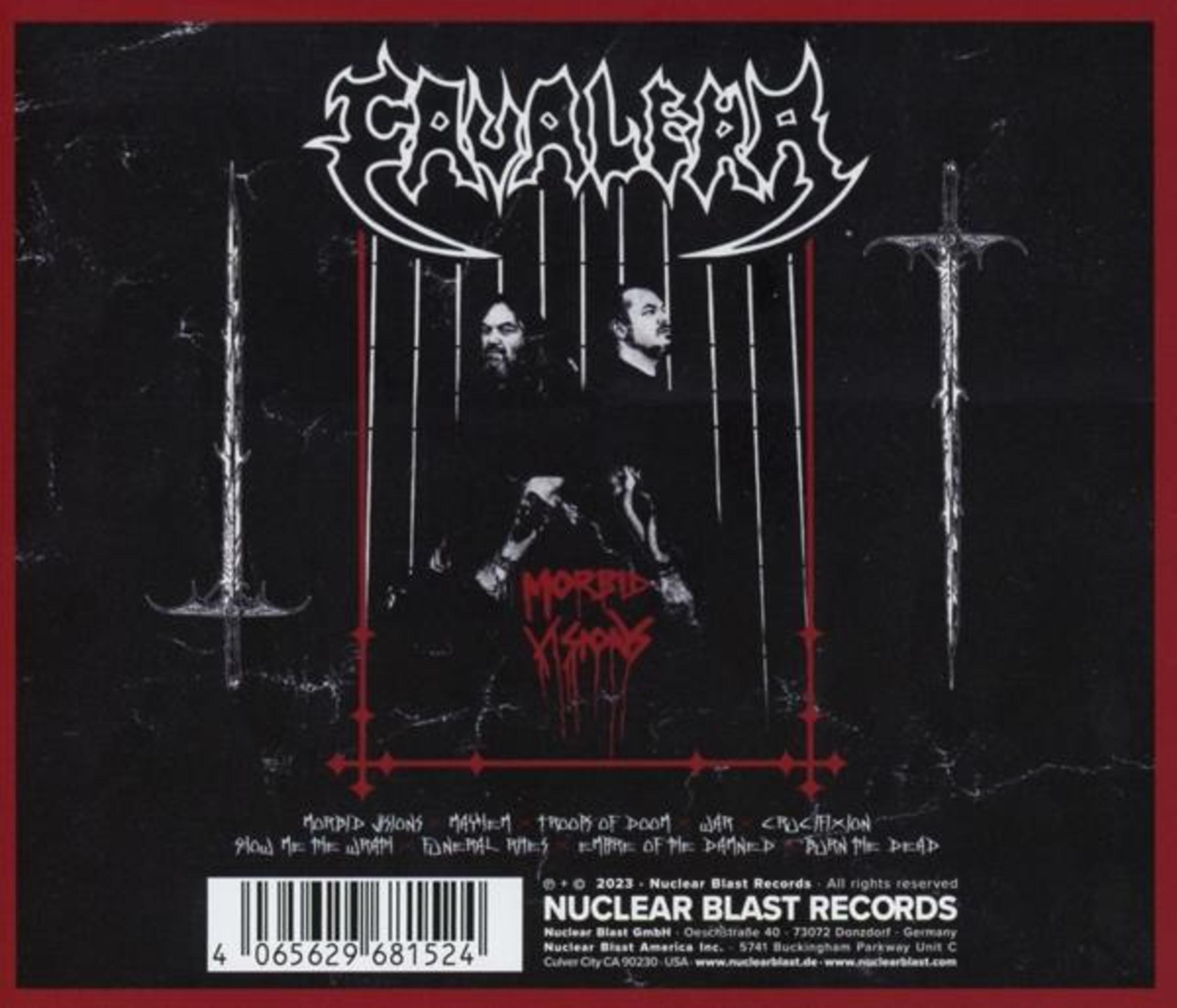 Albumcover mit Bandnamen und zwei Figuren. Schwerter, Kreuz und ein Barcode. Schwarzer Hintergrund mit rotem Rand.