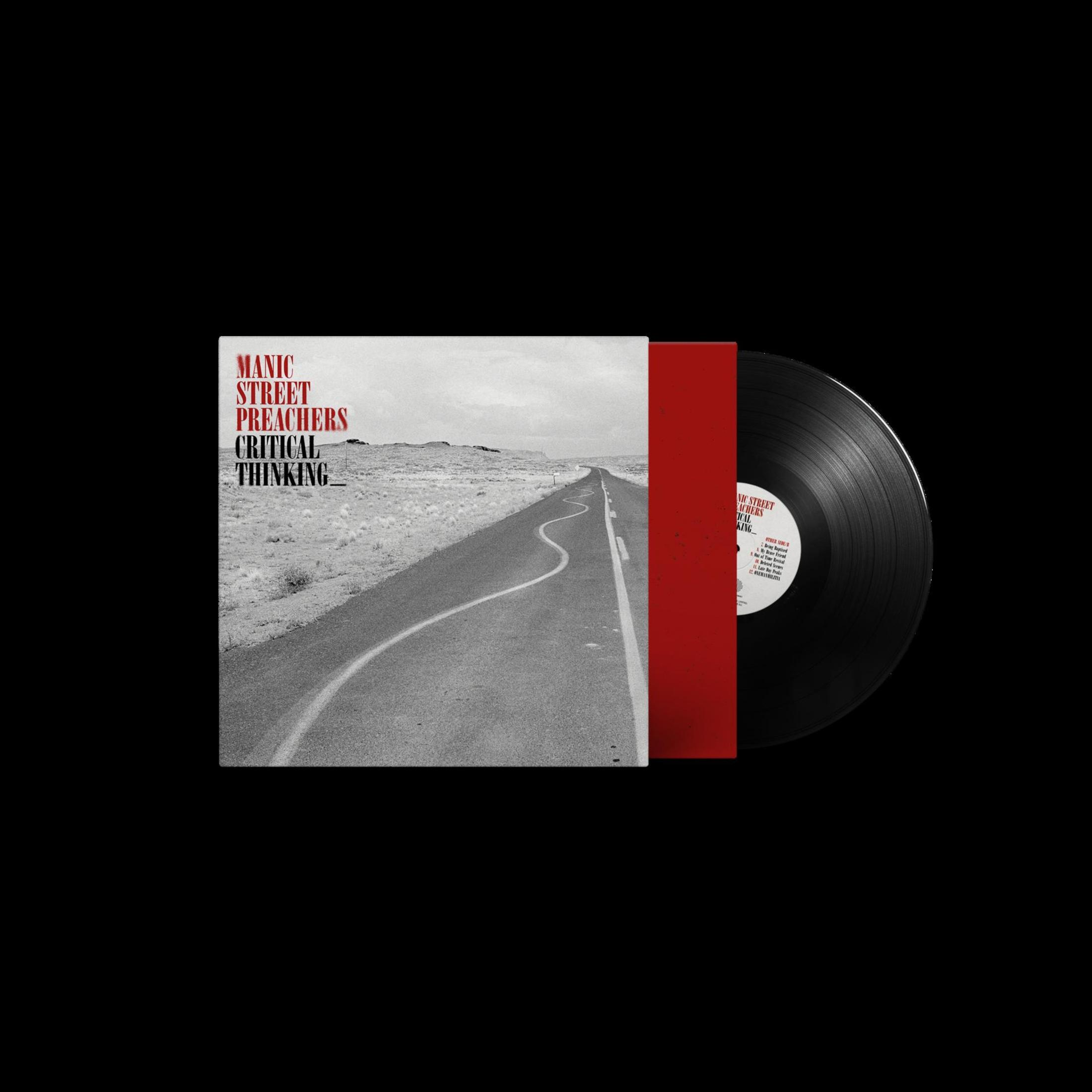 Portada del álbum. Imagen en blanco y negro de una carretera. Un disco de vinilo está a la derecha. Texto: Manic Street Preachers Critical Thinking.