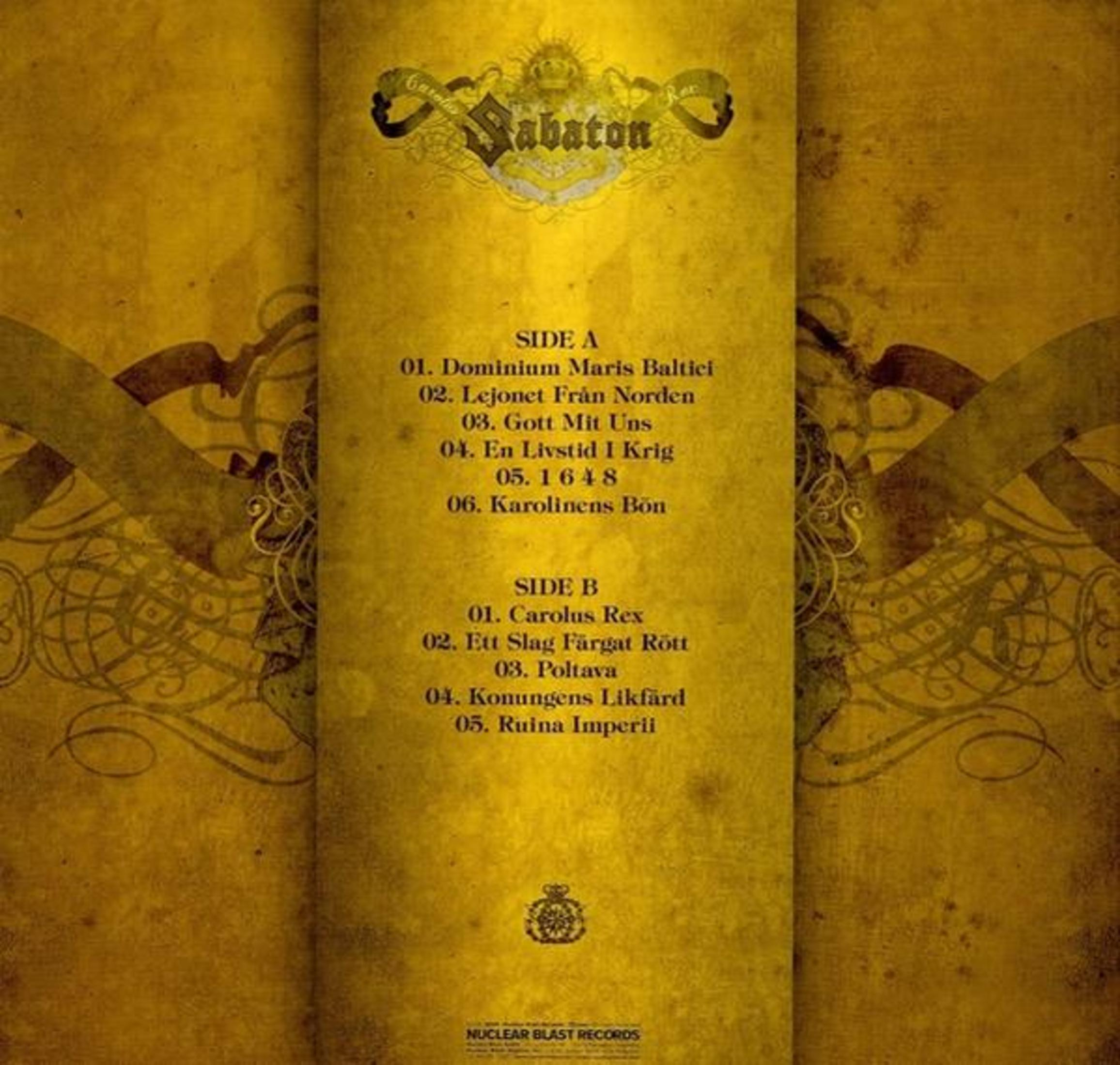 Albumcover mit gelbem Hintergrund und Text. Der Bandname ist Sabaton. Tracklisten für Seite A und B sind sichtbar.