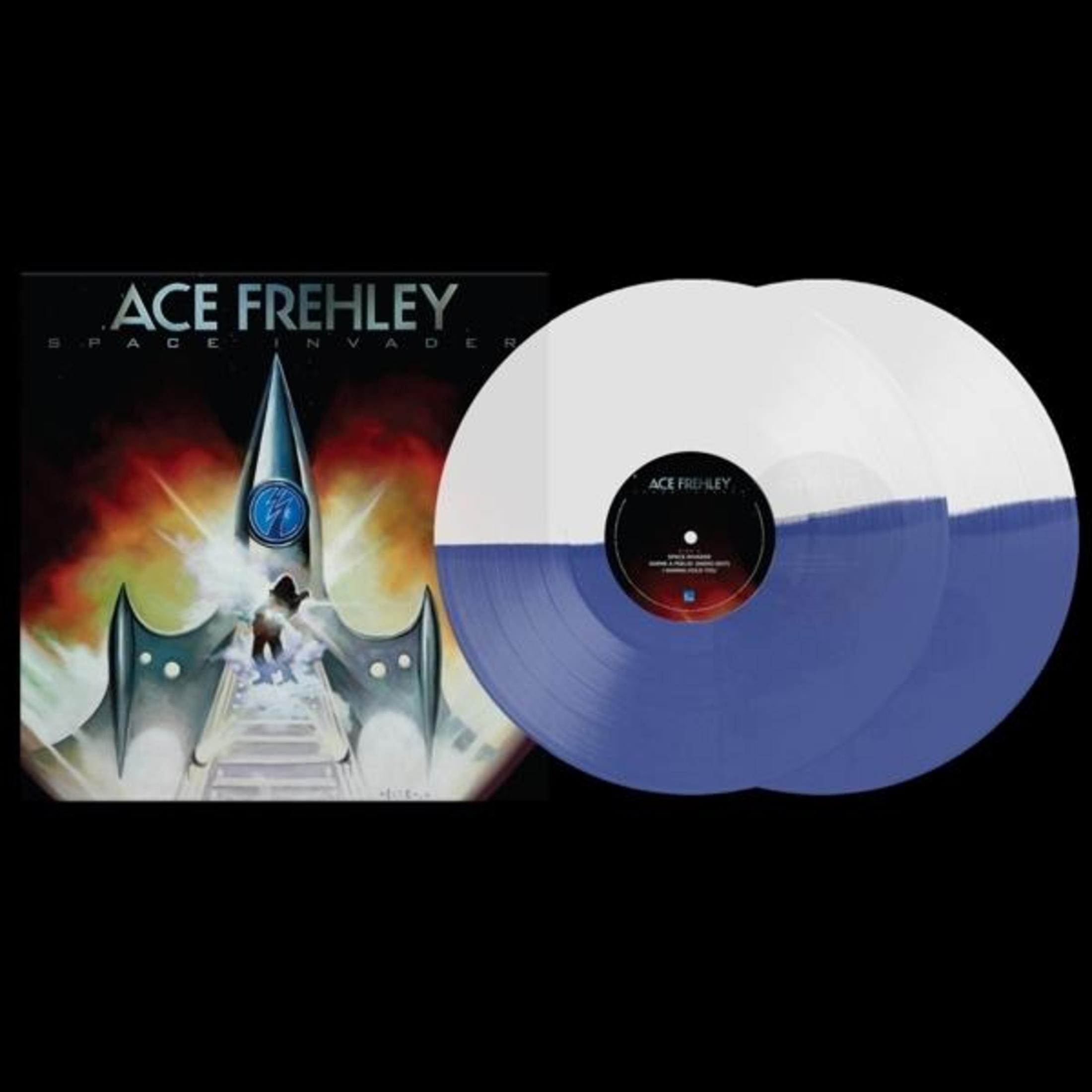 Albumhoes met een ruimteschip illustratie. Twee vinylplaten met een blauw-wit kleurenschema zijn zichtbaar.