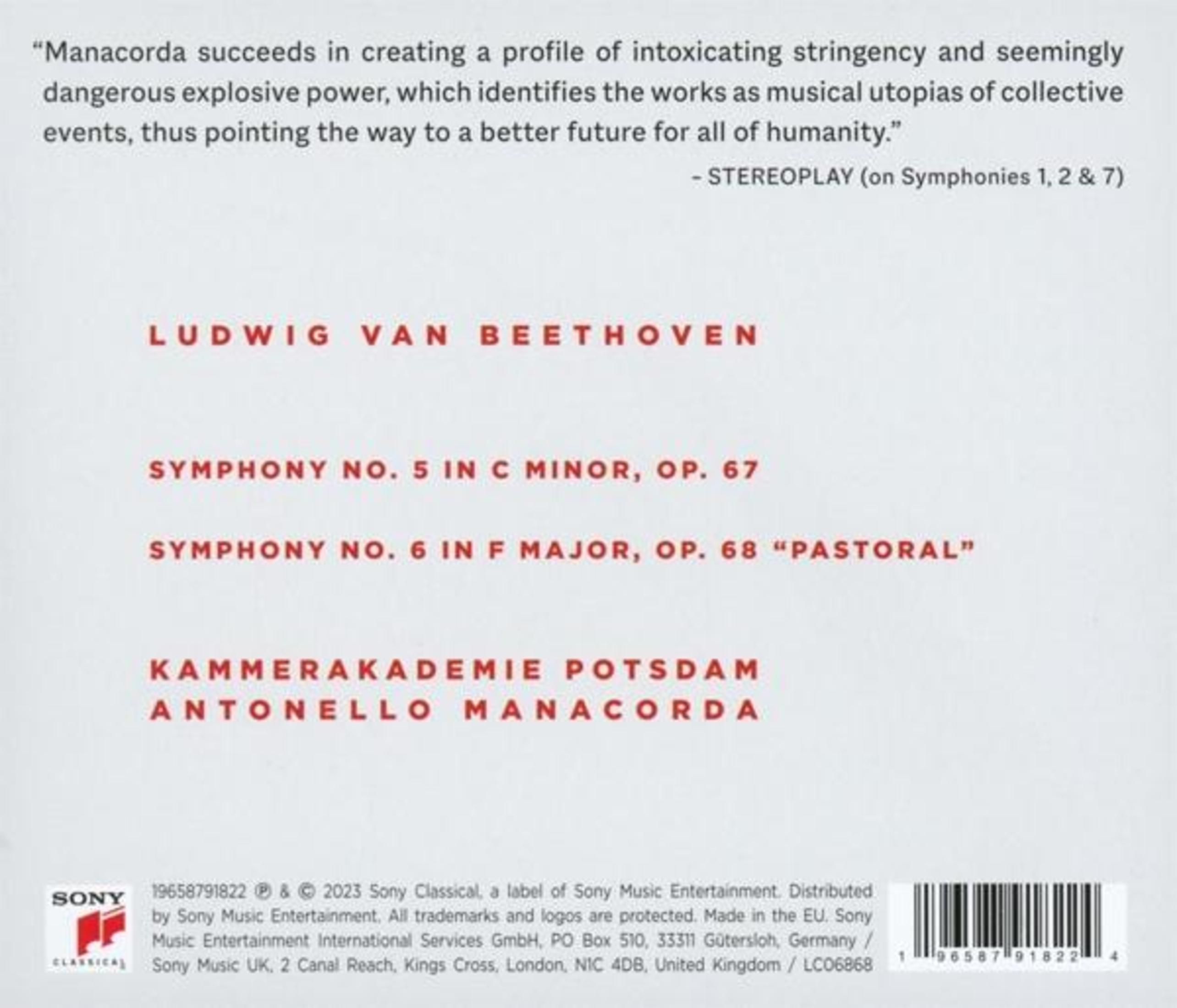 Albumcover mit Text über Beethovens Symphonien, aufgeführt von der Kammerakademie Potsdam, Dirigent Antonello Manacorda.