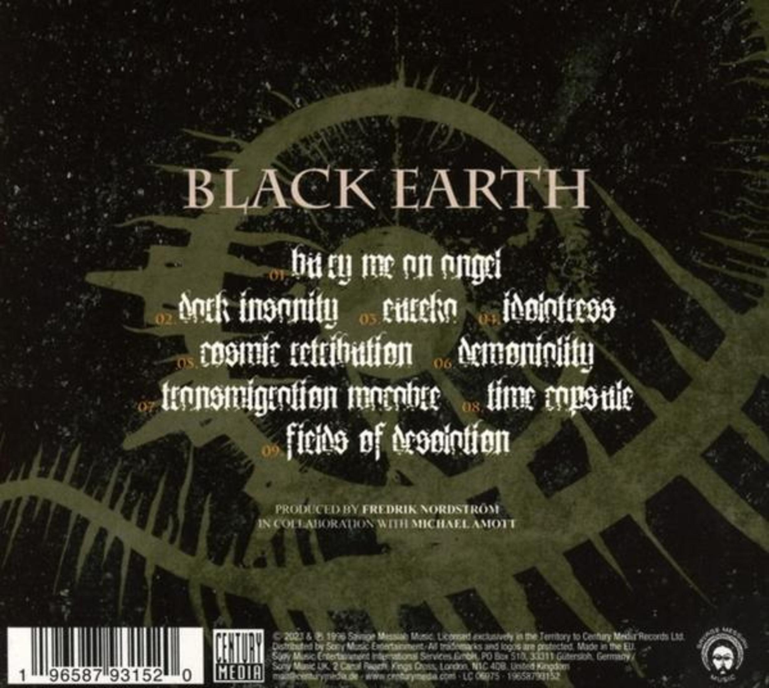 Albumcover mit schwarzem und grünem Design. Text enthält "BLACK EARTH" und Songtitel. Century Media Logo sichtbar.