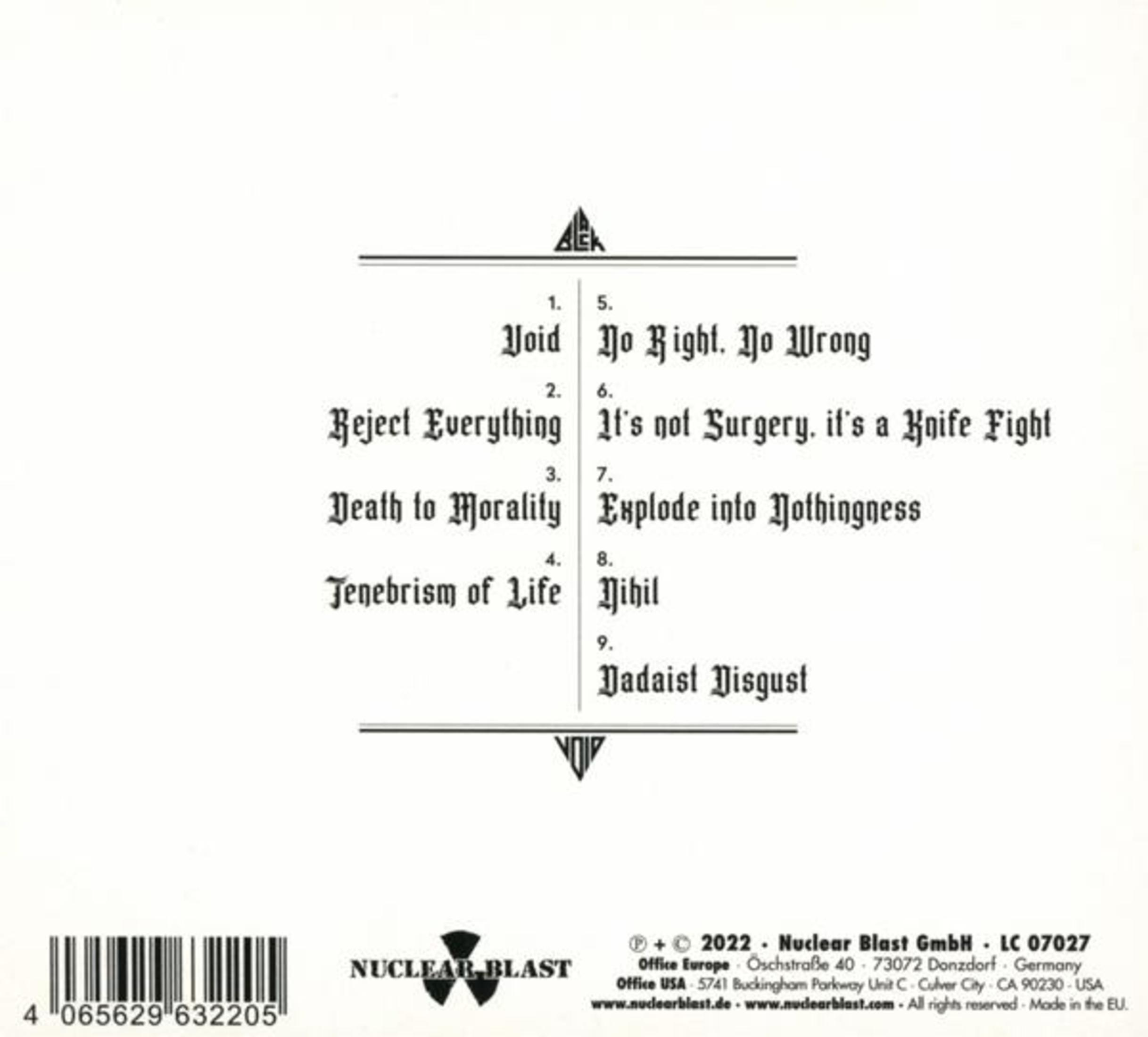 Weißes Albumcover mit schwarzem Text, der Songtitel auflistet. Enthält einen Barcode und ein Nuclear Blast Logo.
