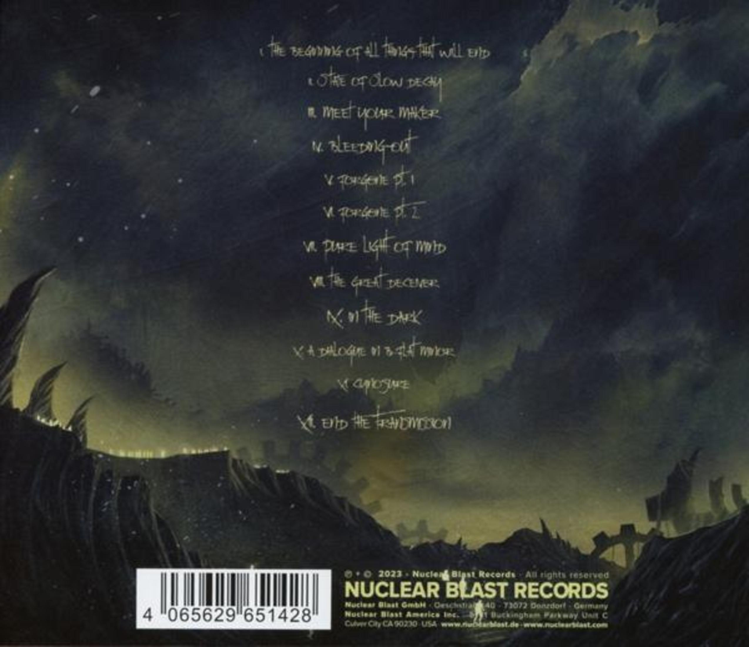 Albumcover mit dunkler Landschaft, Text und Barcode. Enthält Songtitel und ein Plattenlabel-Logo.