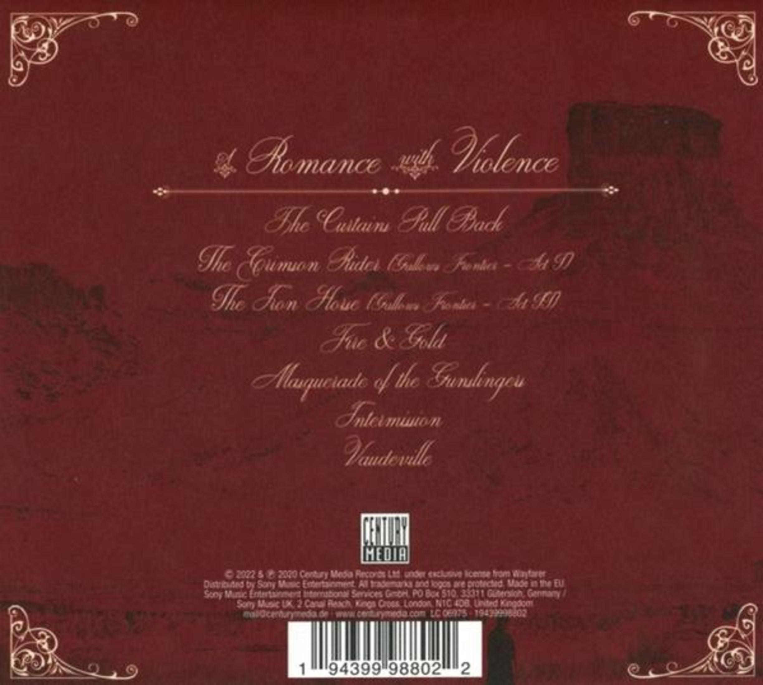 Albumcover mit weinrotem Hintergrund und goldenem Text. Titel sind 'Romance with Violence' und 'Fire & Gold'.