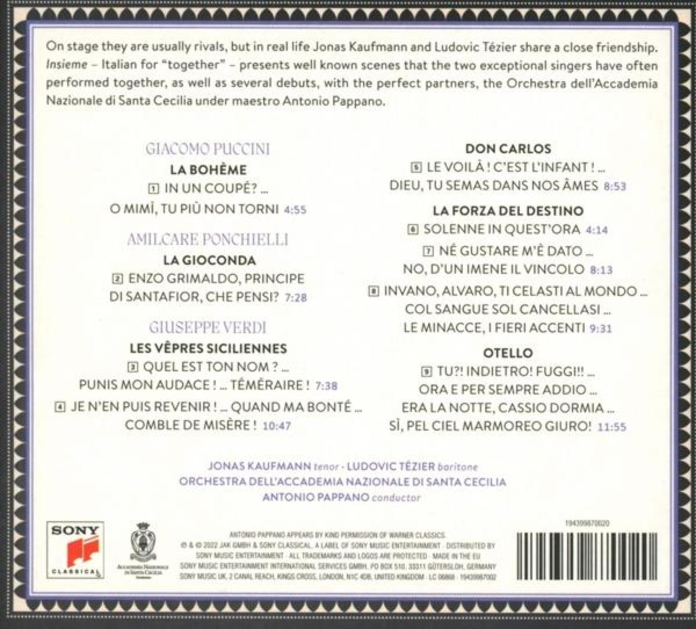 Albumcover mit Text. Es listet Komponisten, Lieder und Interpreten, darunter Jonas Kaufmann und Ludovic Tézier.