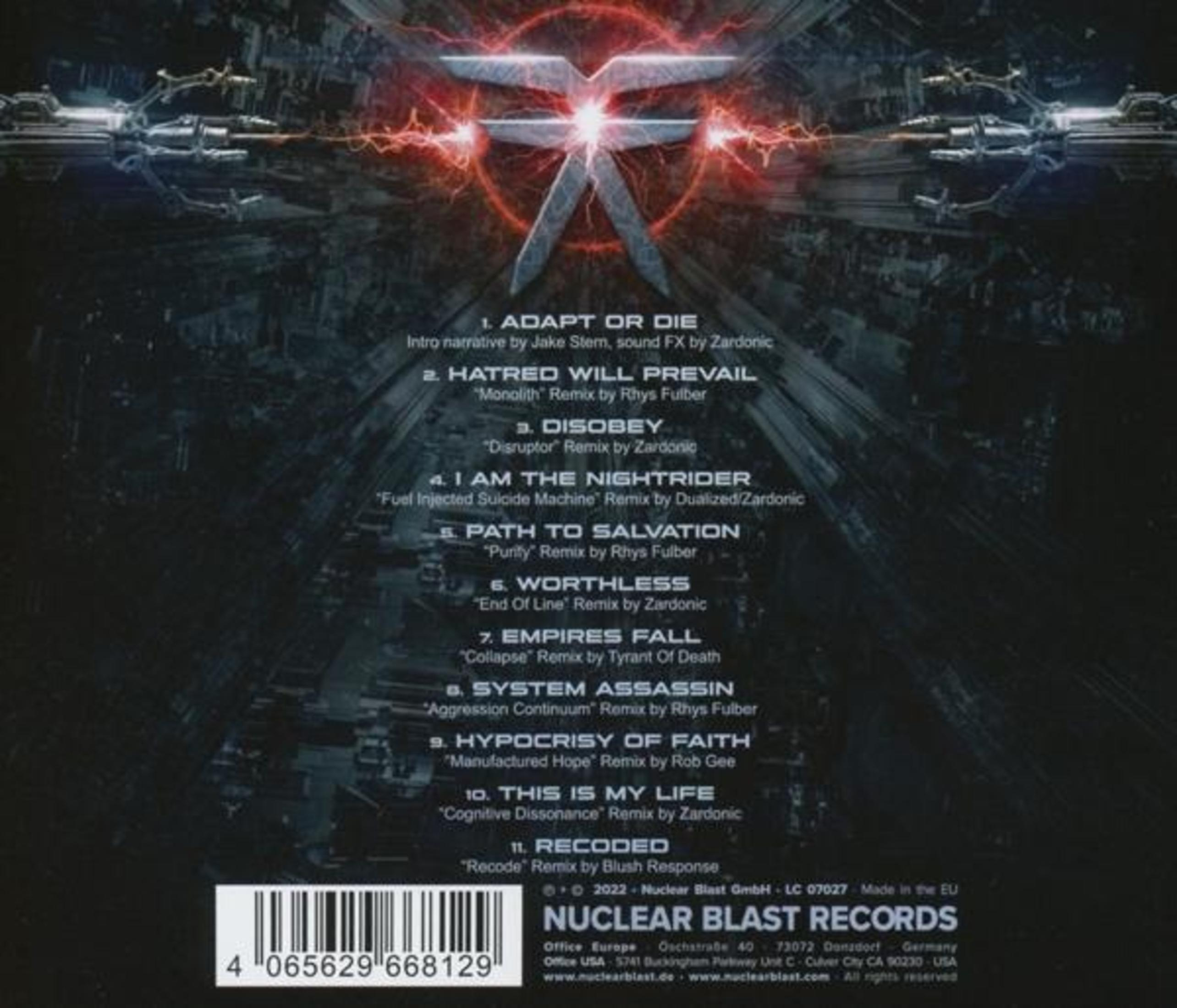 CD-Cover mit metallischem, abstraktem Design. Text listet Songtitel und Remixer sowie ein Nuclear Blast Records Logo.