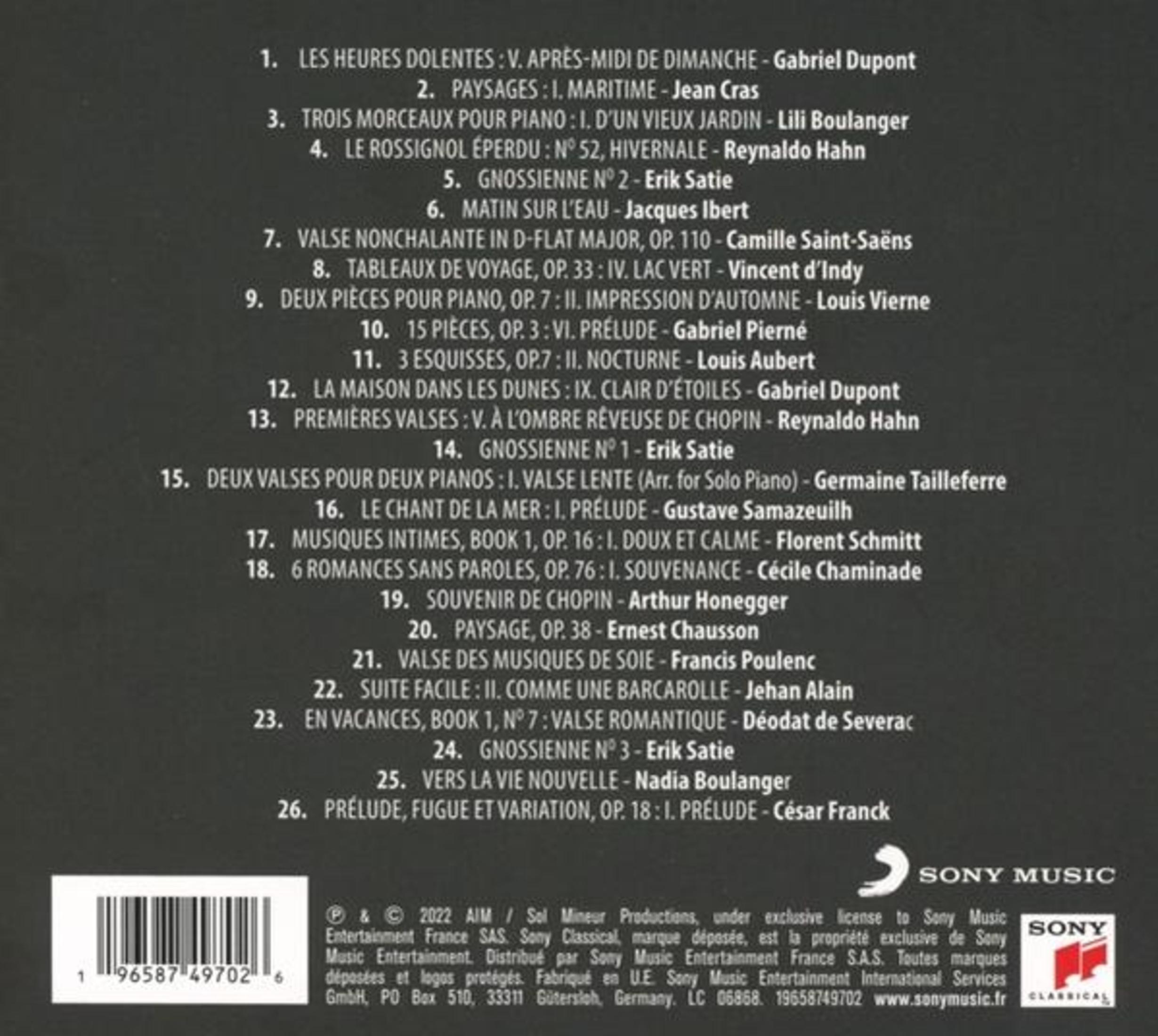 Text auf schwarzem Hintergrund listet Musikkompositionen verschiedener Komponisten auf. Das Sony Music-Logo ist sichtbar.