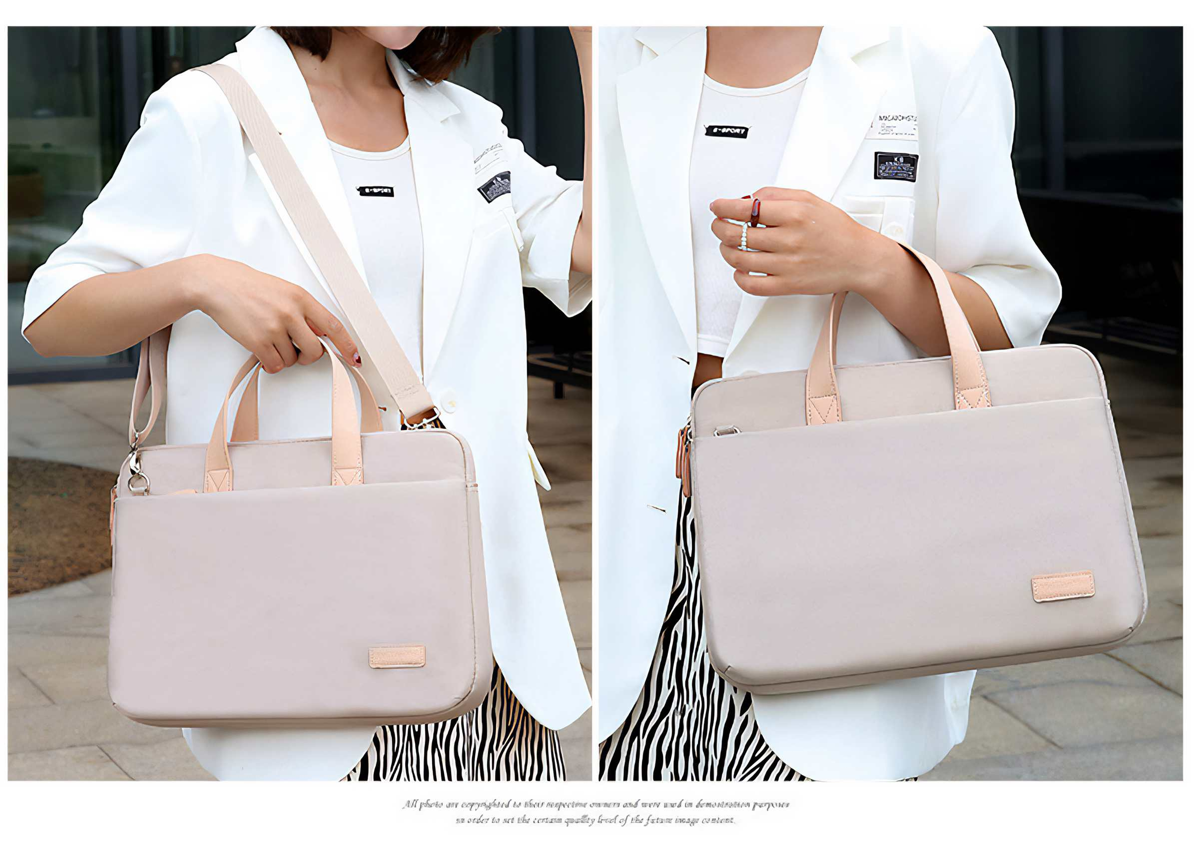Zwei Frauen halten beige Laptoptaschen. Sie tragen weiße Blazer, einer mit Umhängetasche. Hintergrund: Zebrastreifen, Backsteinmauer.