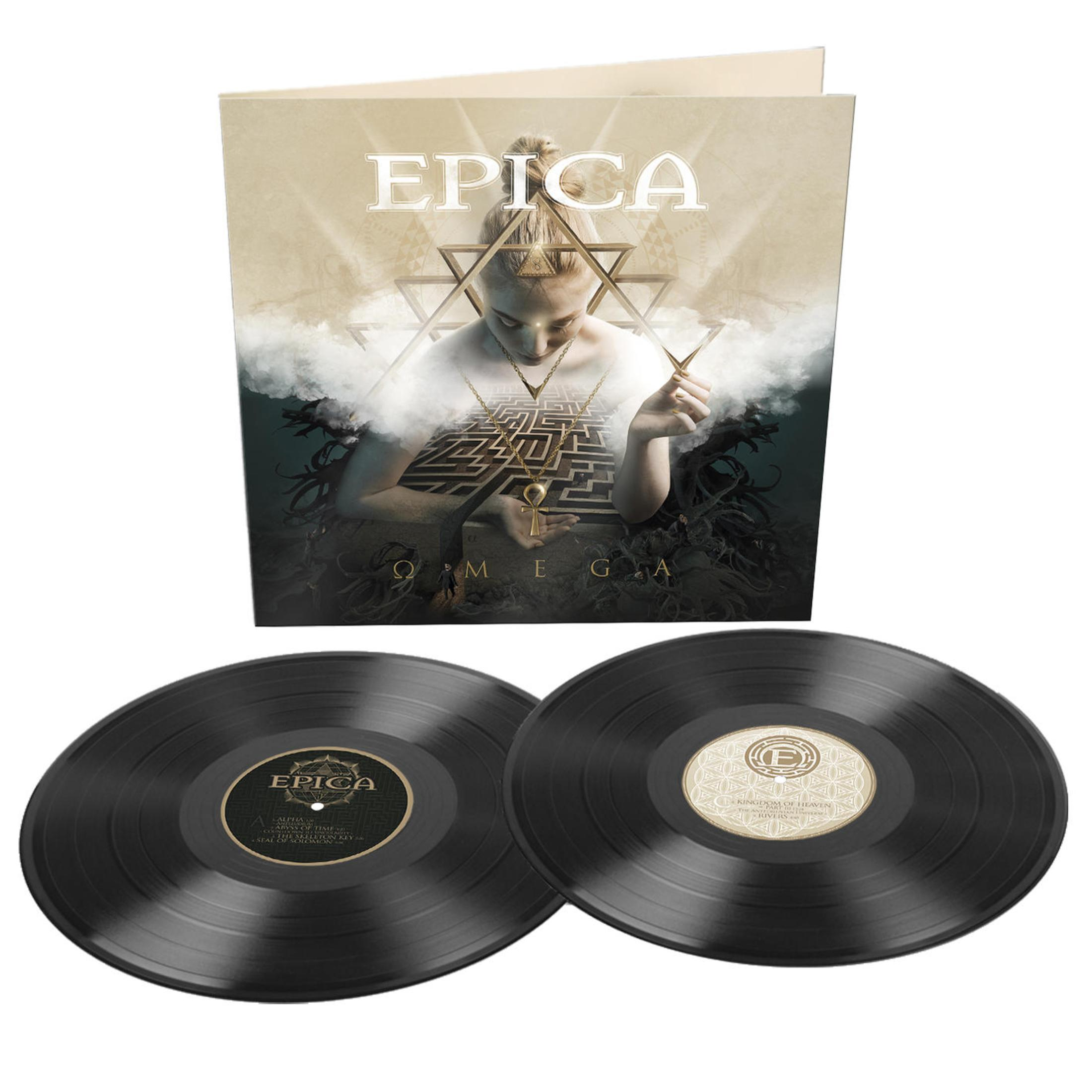 Albumcover mit Frau, Labyrinth und zwei Schallplatten. Der Bandname ist EPICA. Albumtitel OMEGA.