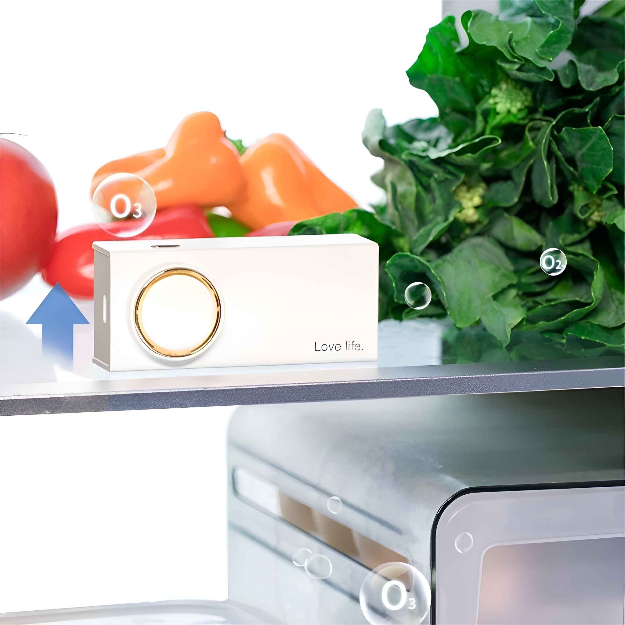 Ein Kühlschrank mit Gemüse, einem weißen Gerät und Luftblasen. Auf dem Gerät steht 'Love life'.