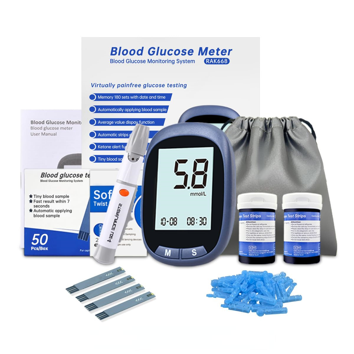 Blutzuckermessgerät-Kit enthält ein Messgerät, Teststreifen, Lanzetten und eine Tragetasche. Anzeige zeigt 5,8 mmol/l. Weitere Artikel sind sichtbar.