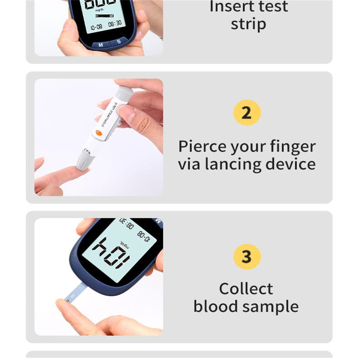 Eine Person führt einen Teststreifen ein, sticht mit einer Lanzette in den Finger und entnimmt eine Blutprobe für einen Glukosetest.