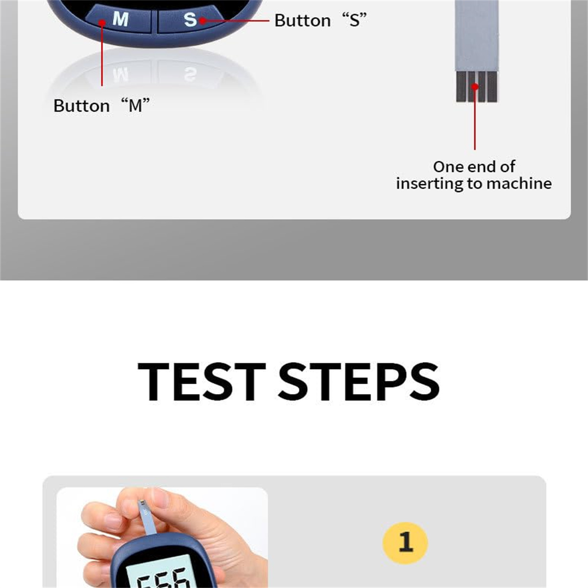 Das Bild zeigt ein Blutzuckermessgerät mit den Tasten 'M' und 'S'. Ein Teststreifen ist vorhanden. Text zeigt Testschritte an.