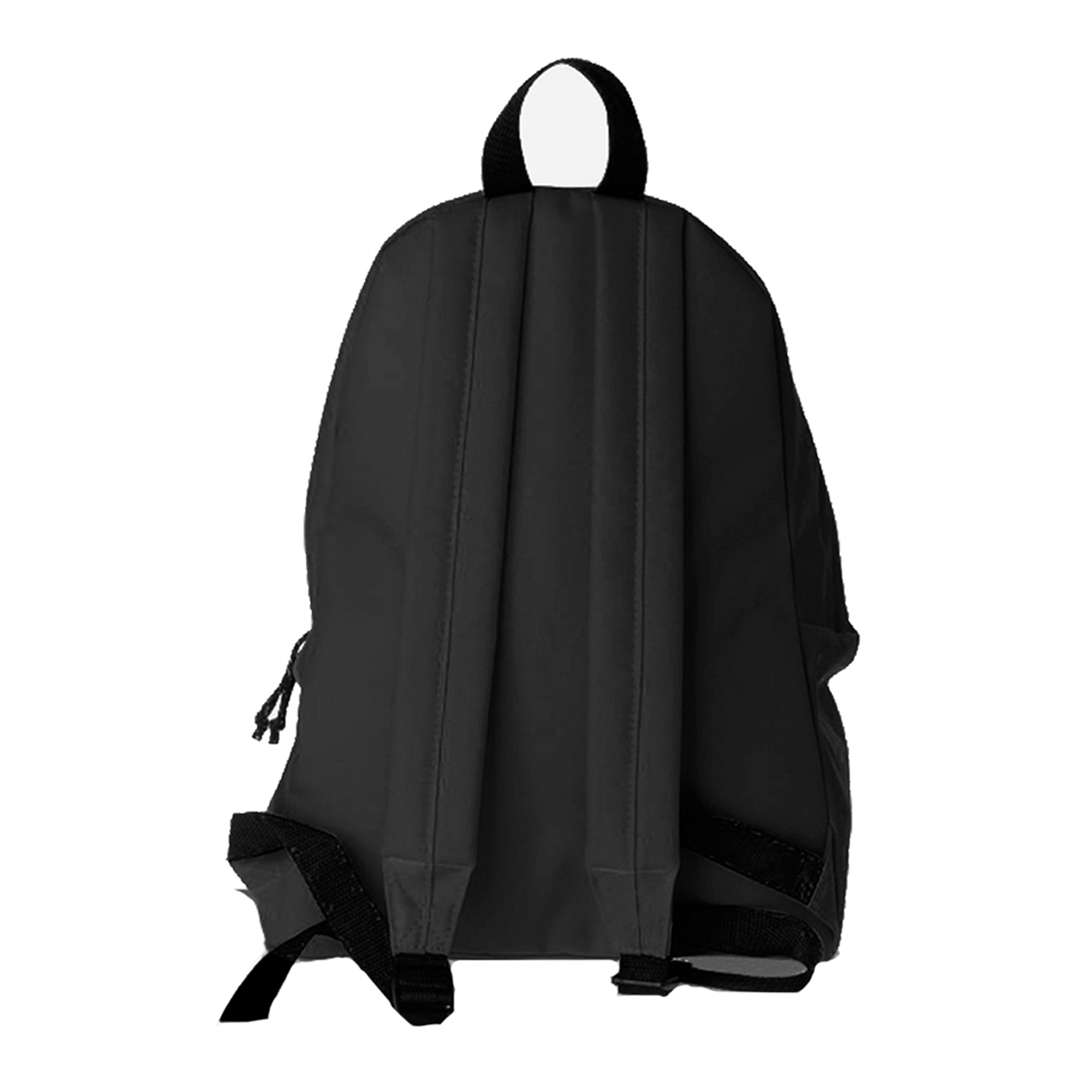 Uno zaino nero con due spallacci su sfondo bianco. La borsa ha un manico superiore.