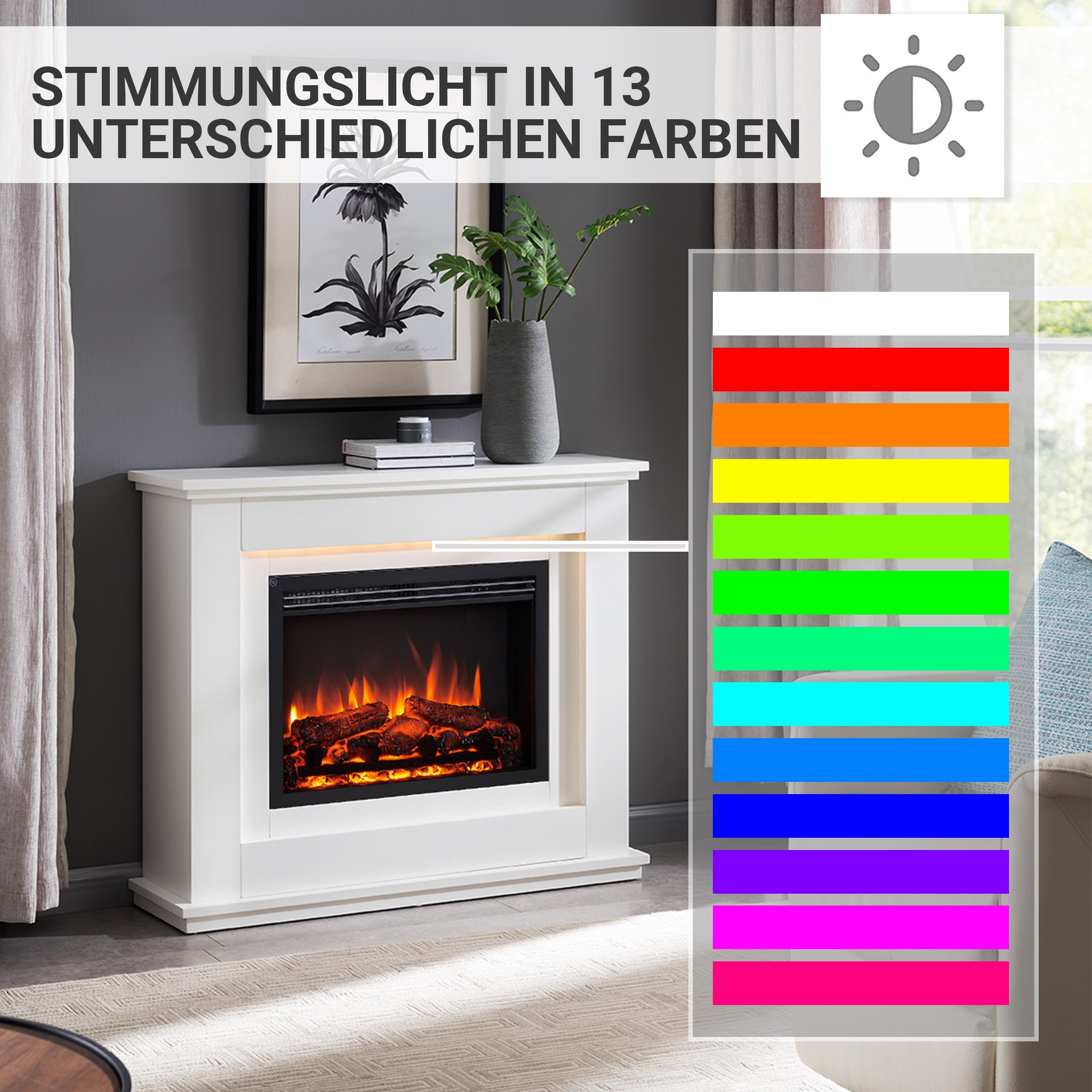 Weißer Kamin mit Feuereffekt, 13 Farboptionen. Enthält ein Bild, eine Vase und eine Farboptionskarte.