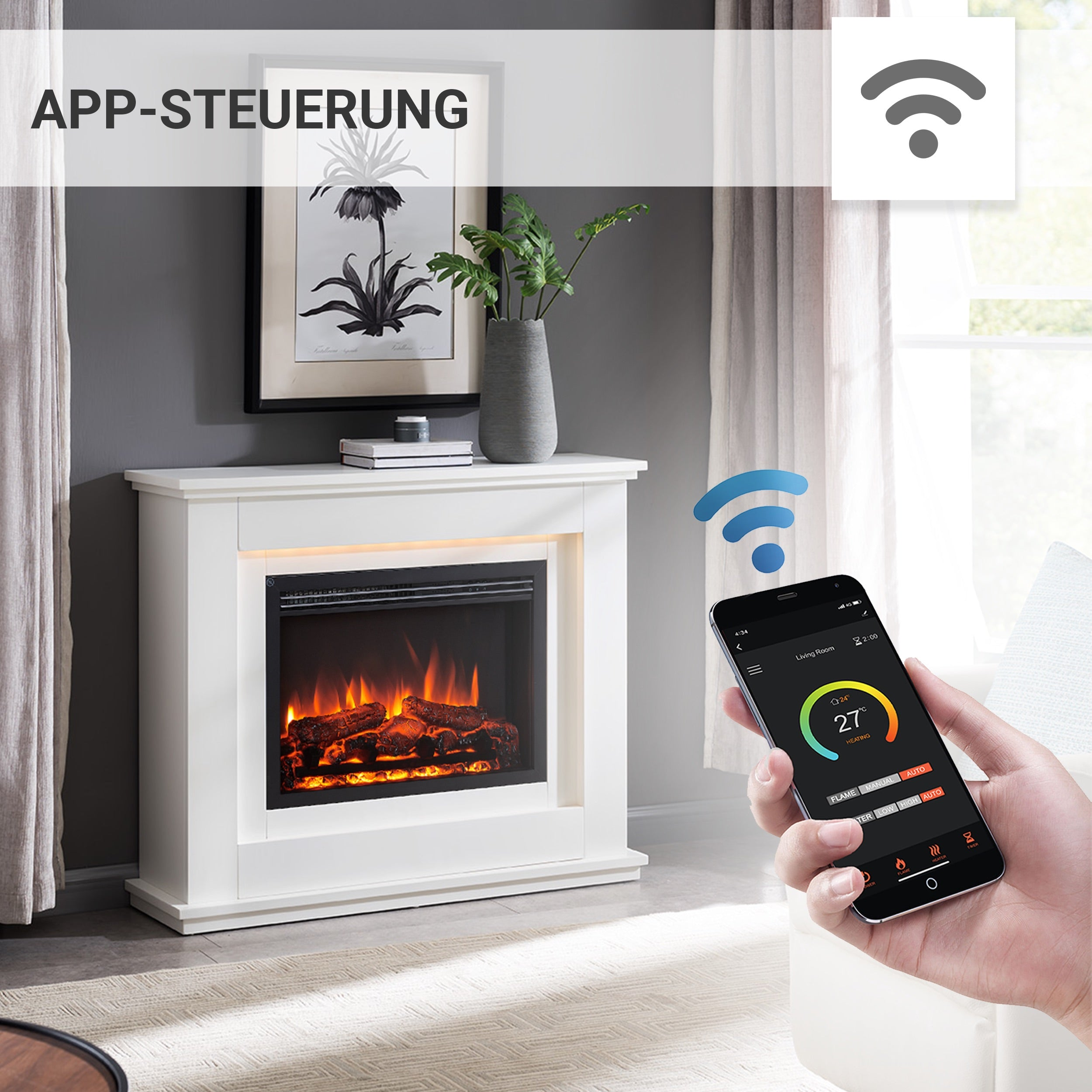 Ein weißer Kamin mit Feuer und Smartphone-Steuerung. Pflanze, Bild und WLAN-Symbol sind sichtbar.