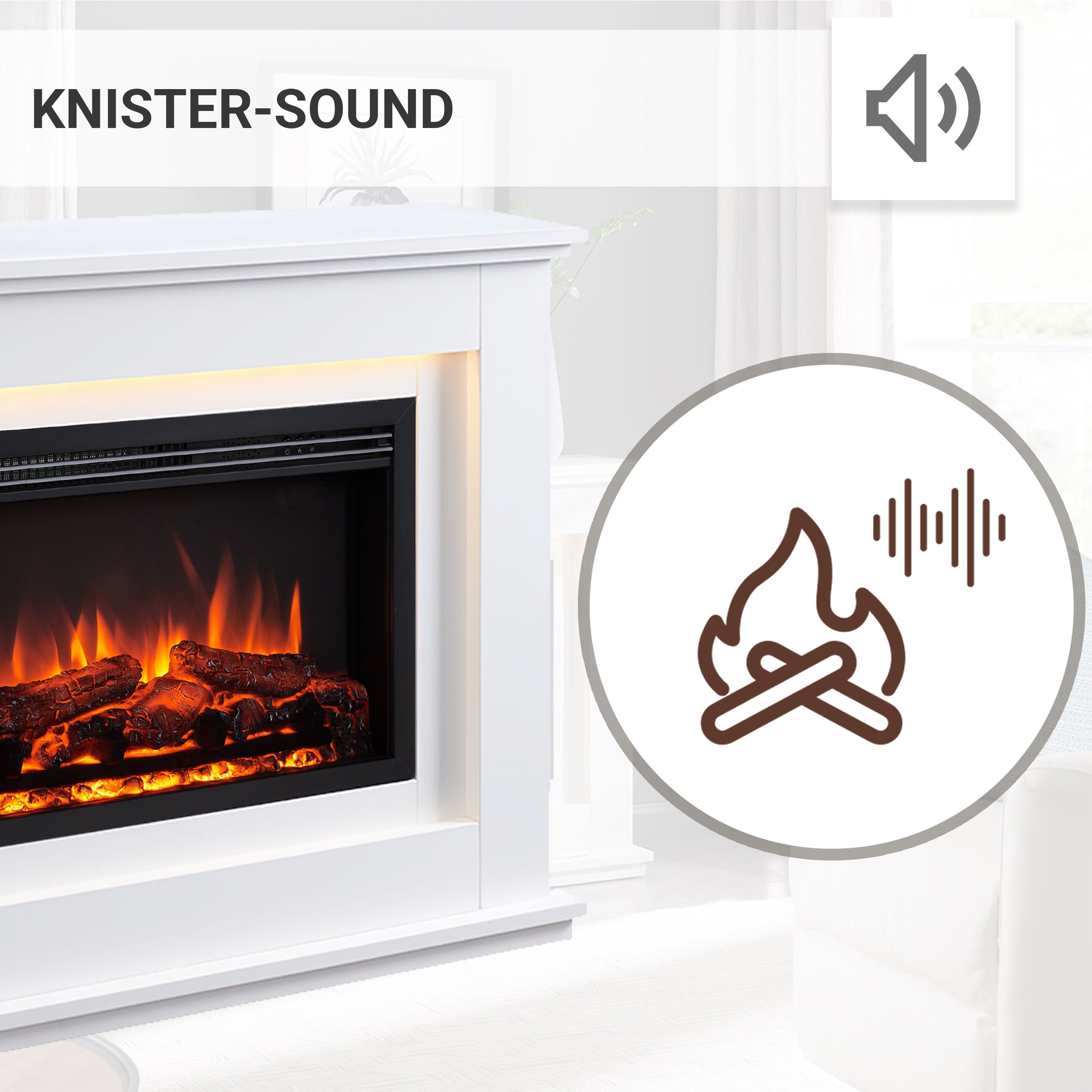 Ein weißer Kamin mit leuchtendem Feuereffekt. Oben rechts befinden sich ein Lautsprechersymbol und eine Schallwellengrafik.
