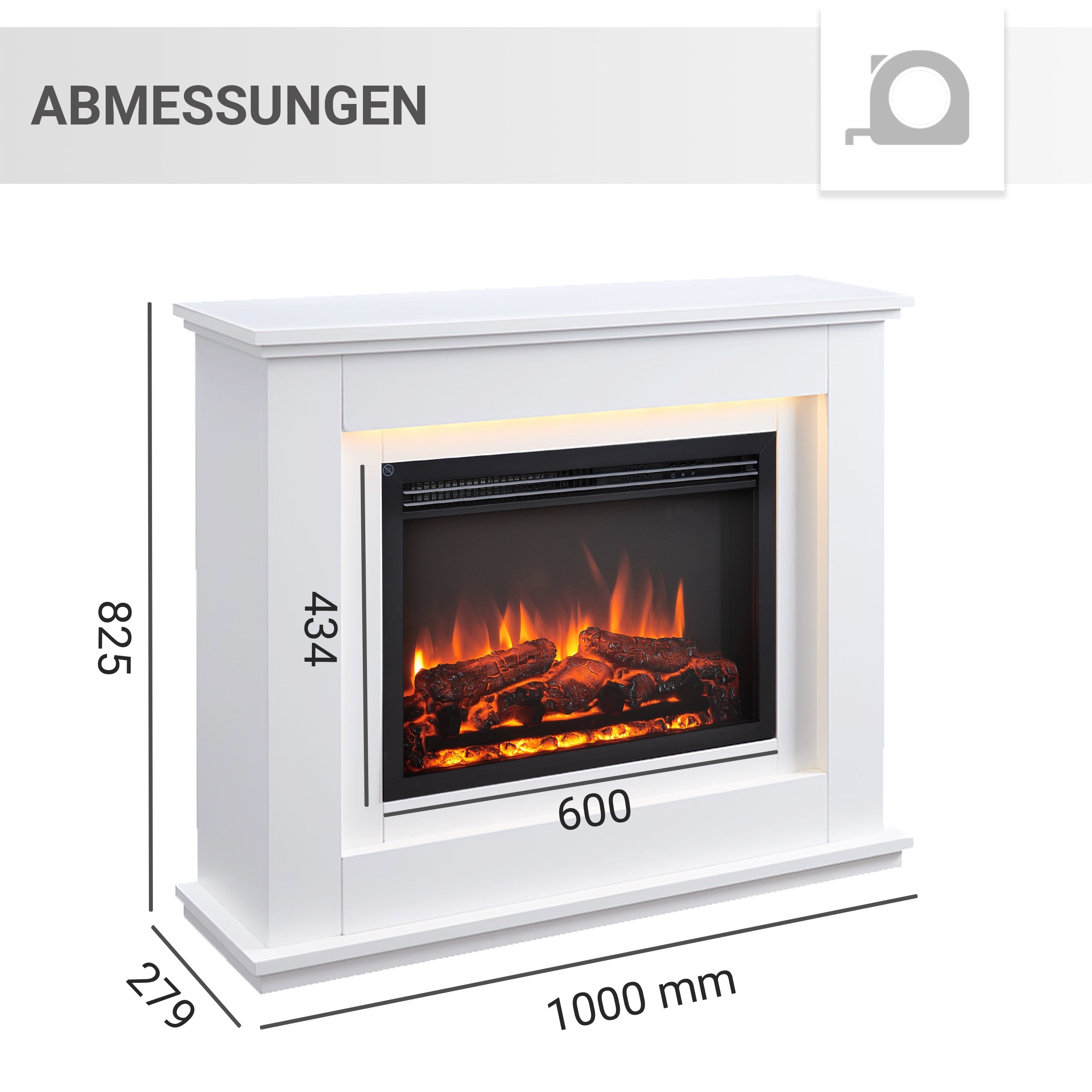 Weißer elektrischer Kamin mit beschrifteten Abmessungen. Flammen erscheinen im schwarzen Feuerraum, mit Holzscheiten. Oben steht 'ABMESSUNGEN'.