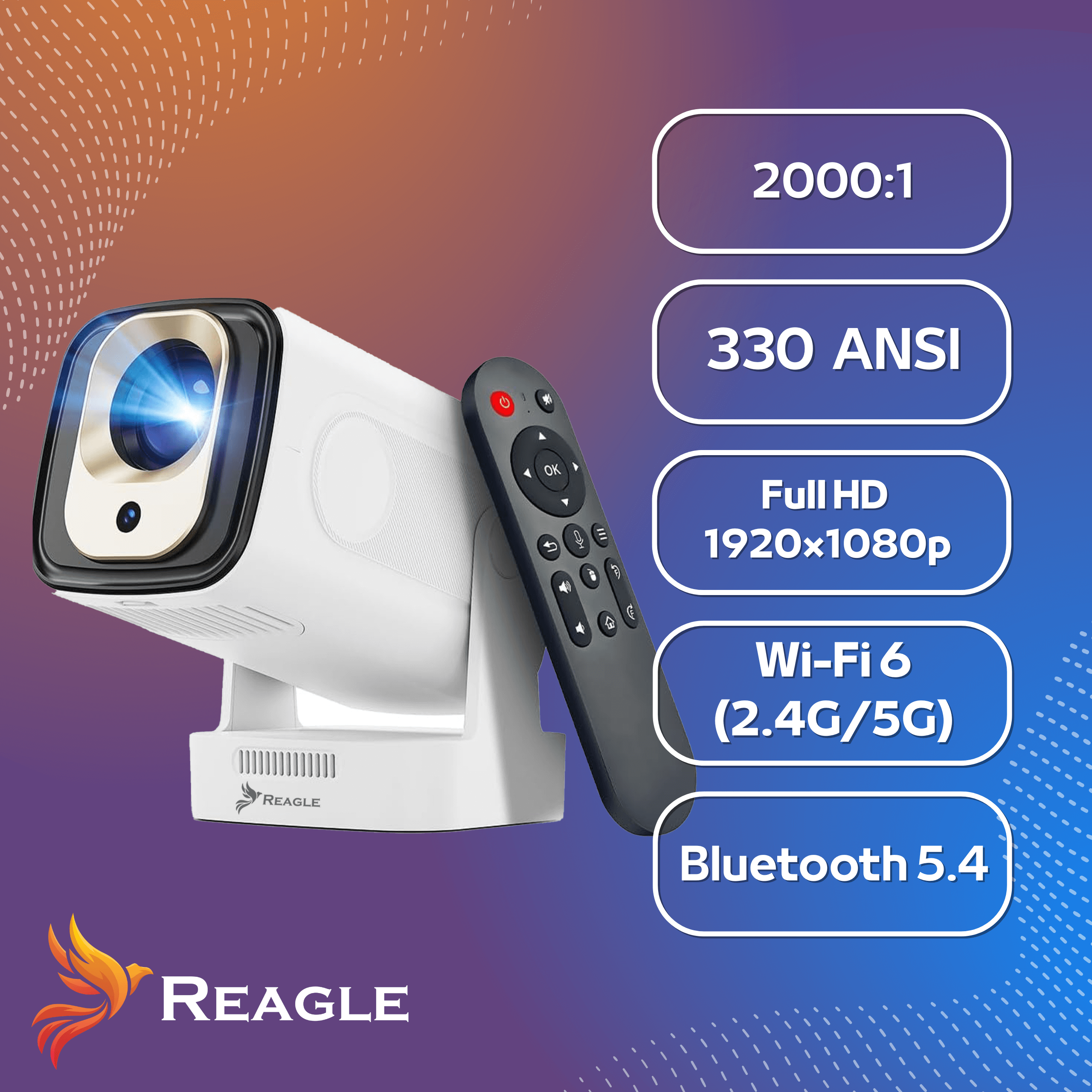 Biały projektor z pilotem i specyfikacjami takimi jak 2000:1, 330 ANSI, Full HD, Wi-Fi 6 i Bluetooth 5.4, z logo REAGLE.