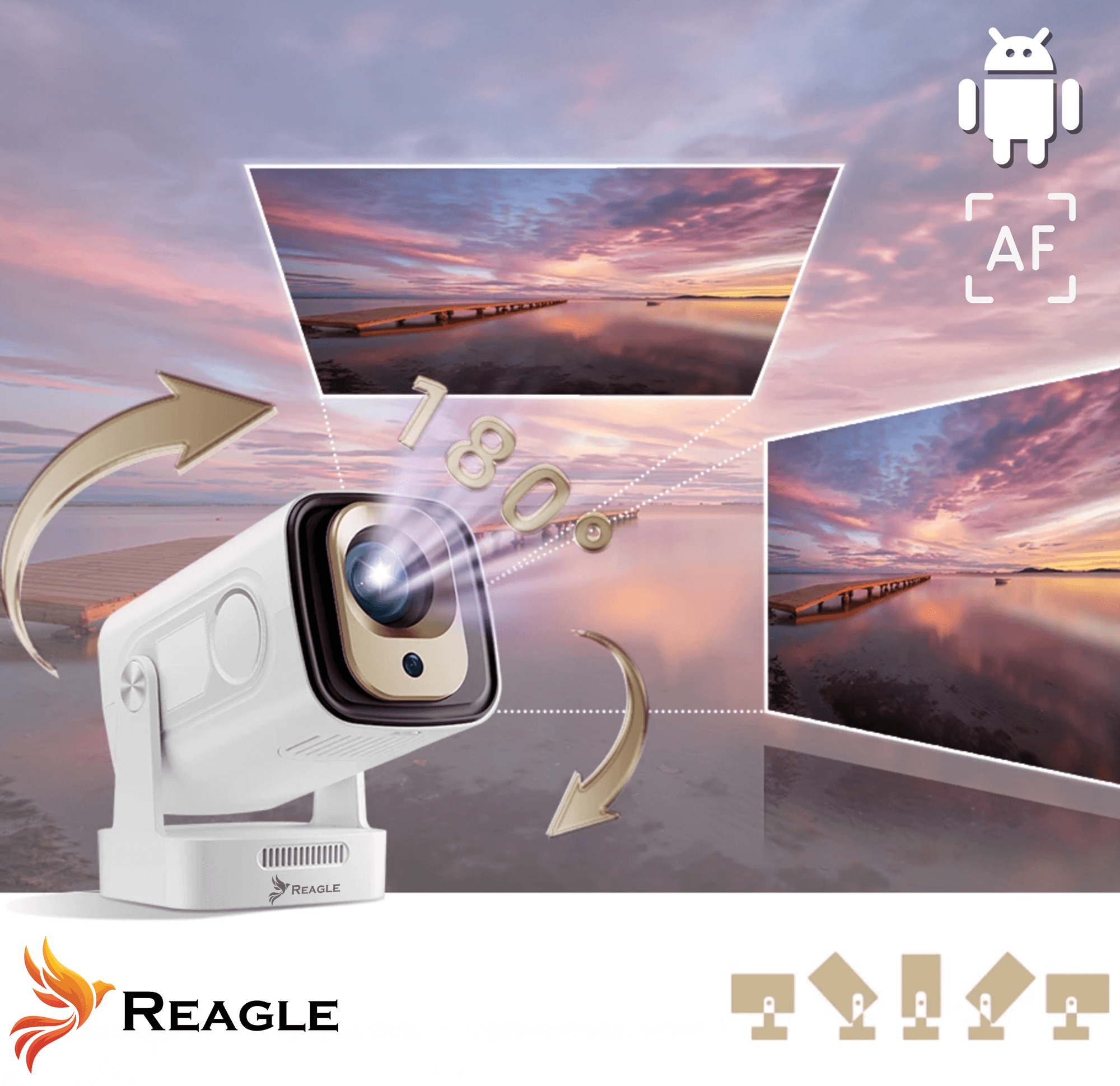 Biały projektor wyświetla scenę zachodu słońca ze złotymi strzałkami i logo 'REAGLE'. Widoczne ikony Androida i AF.