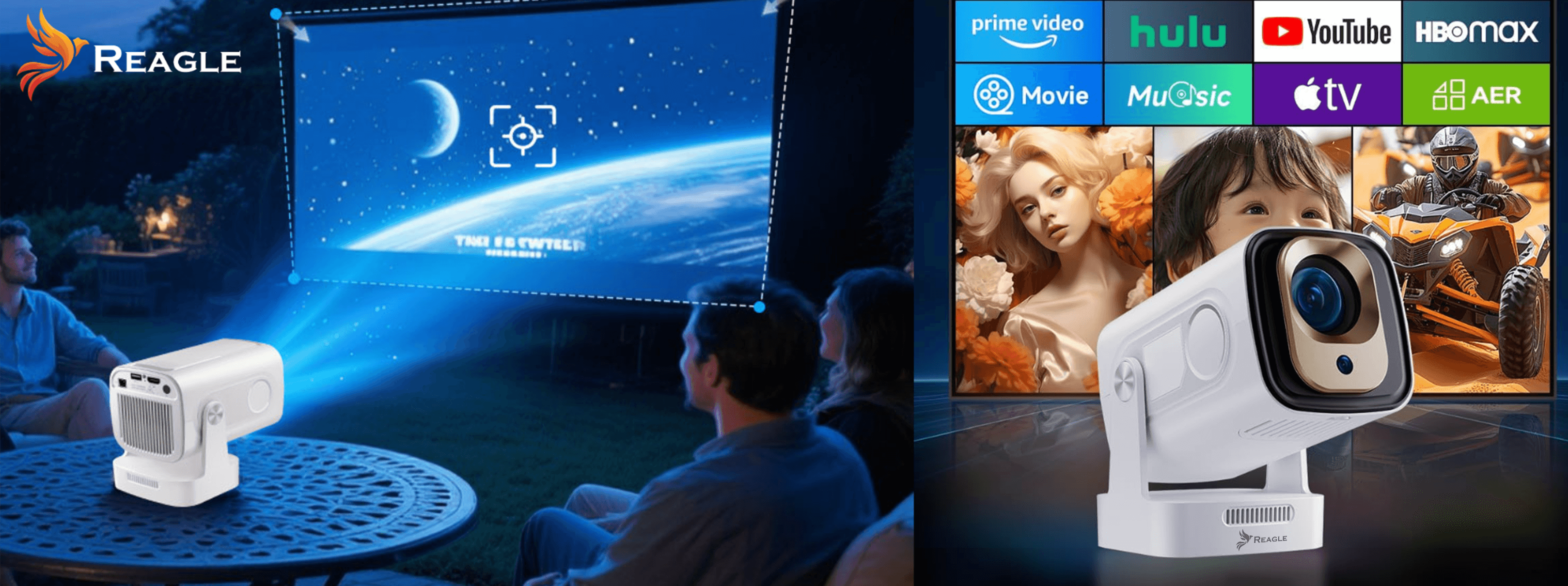 Projektor wyświetla scenę kosmiczną. Ludzie siedzą na zewnątrz. Ekran pokazuje aplikacje. Projektor jest na stole.