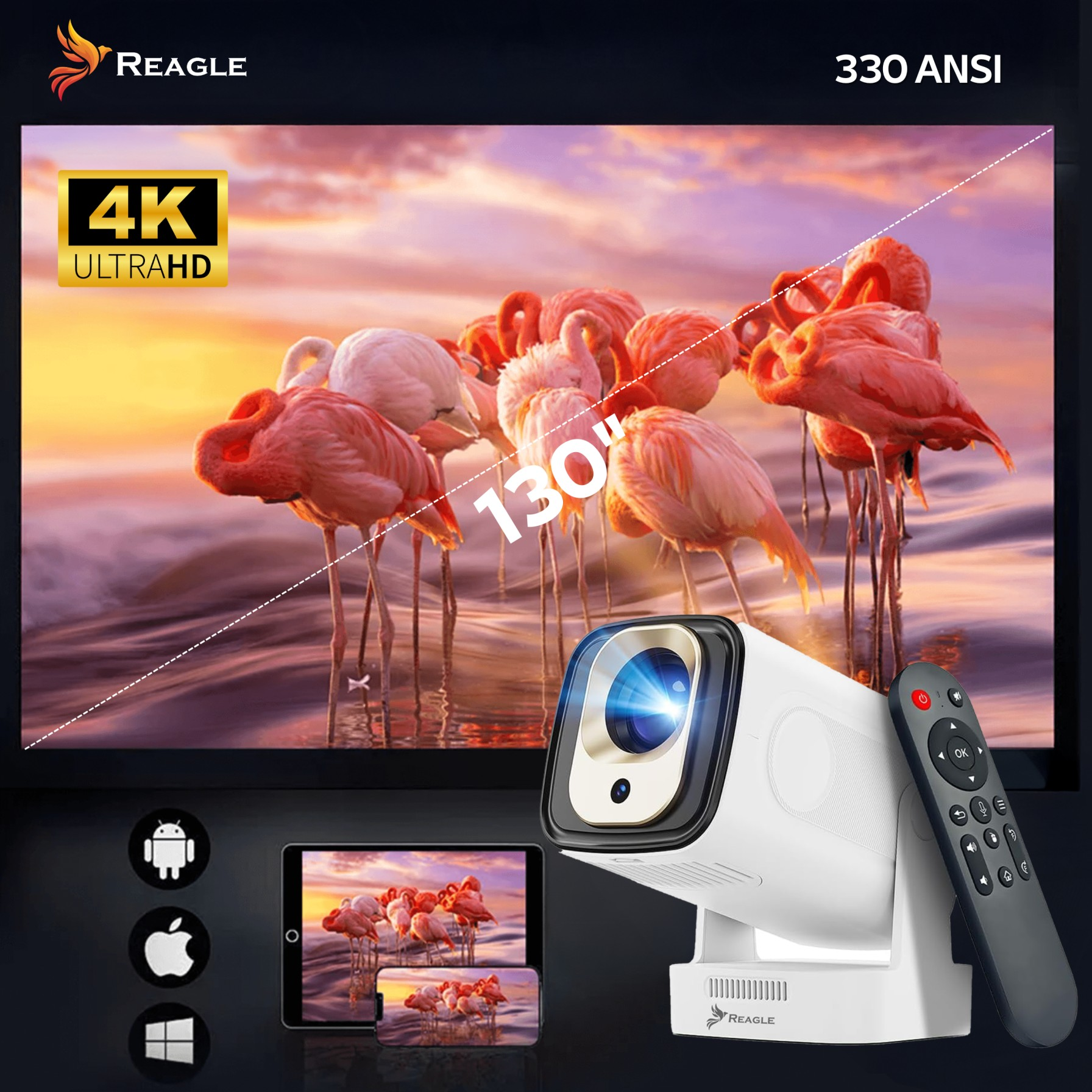 Projektor wyświetla różowe flamingi na ekranie. Biały projektor i pilot z przodu. Zawiera logo Android, Apple i Windows.