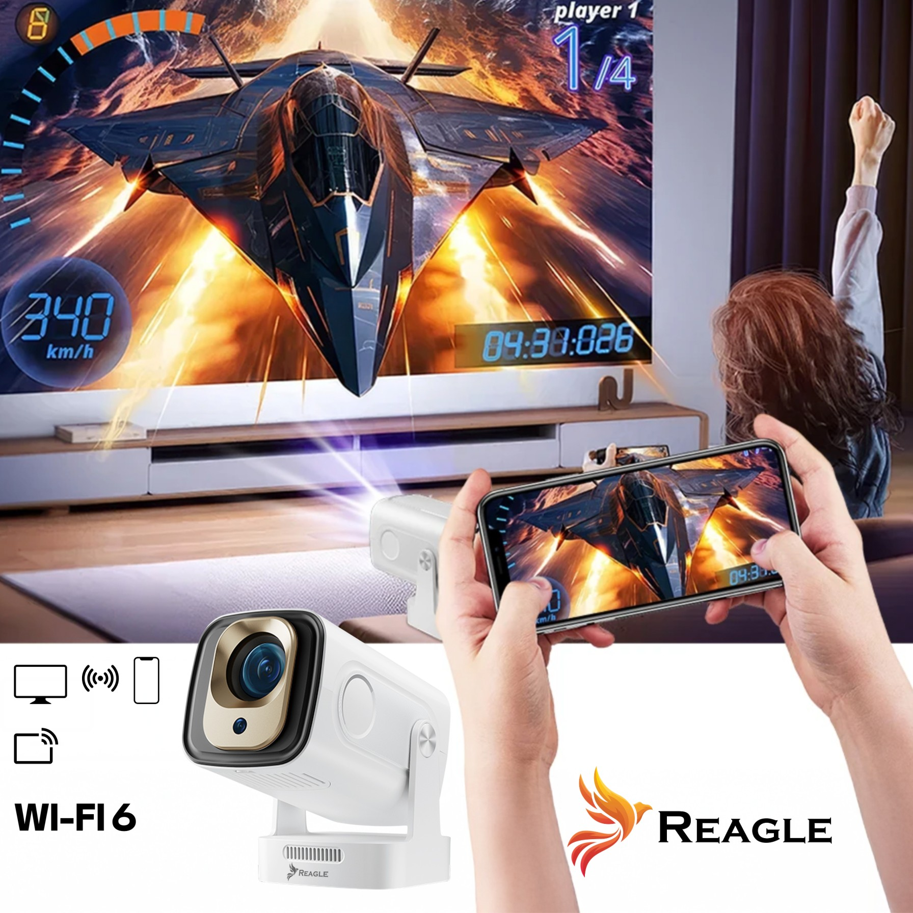 Osoba trzyma telefon z grą w odrzutowce. Widoczny jest projektor i ekran ze sceną z gry. Kamera jest na pierwszym planie.