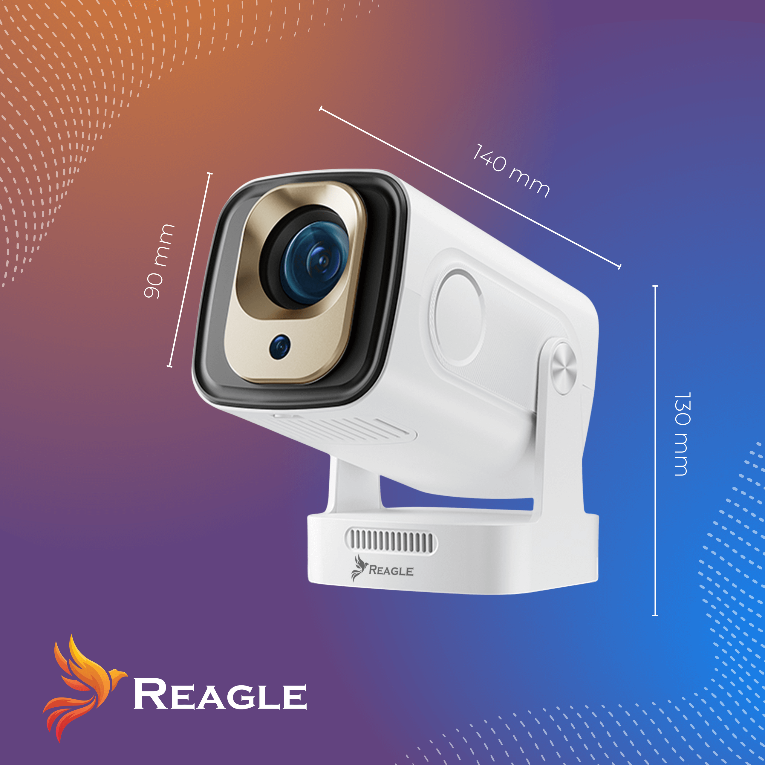 Biały projektor ze złotymi akcentami, z napisem Reagle. Wymiary są wyświetlane. Tło to gradient fioletowo-pomarańczowy.