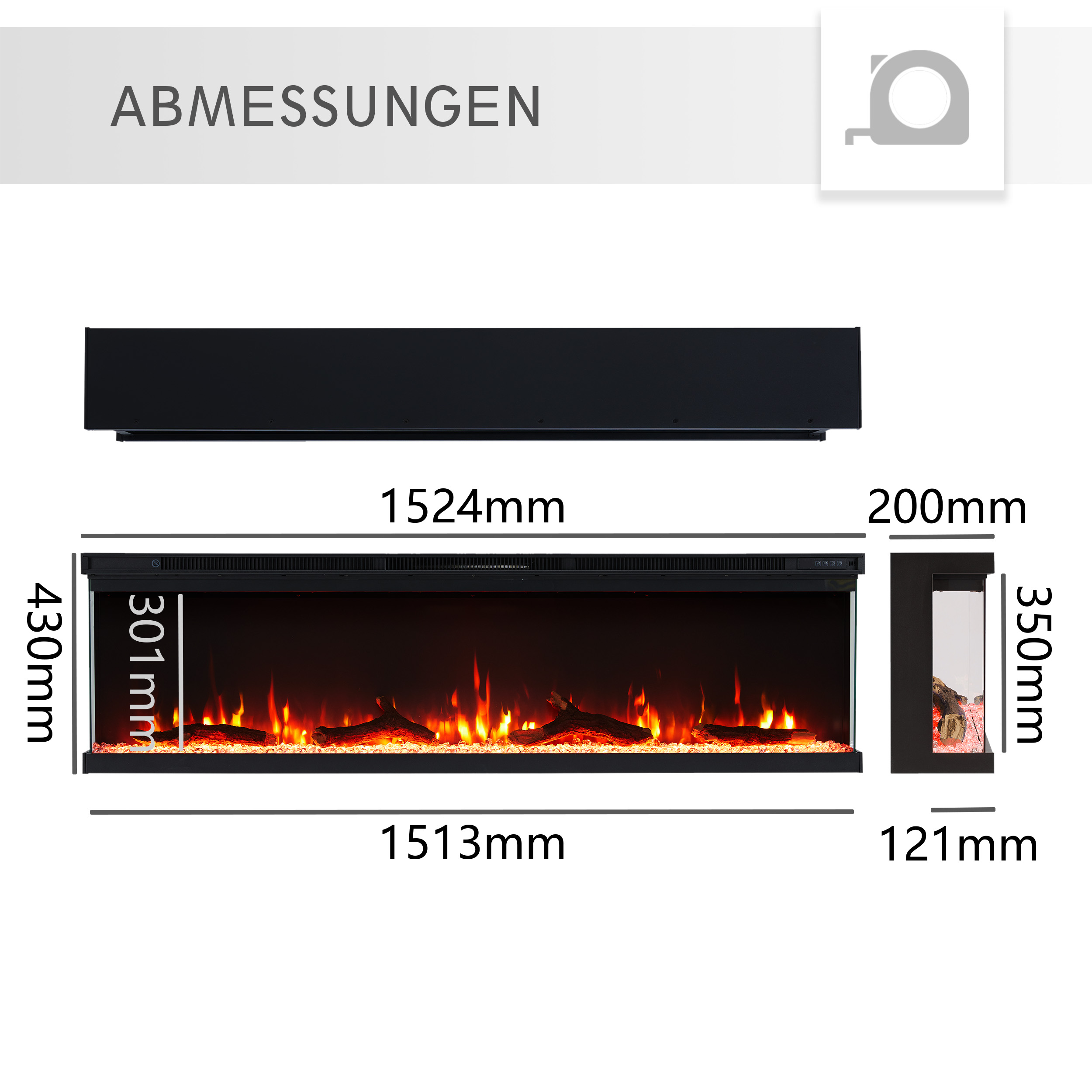 Schwarzer Elektrokamin mit Maßangaben. Feuereffekt mit Holzscheiten und Kristallen. Maße: 1513mm x 430mm x 121mm.