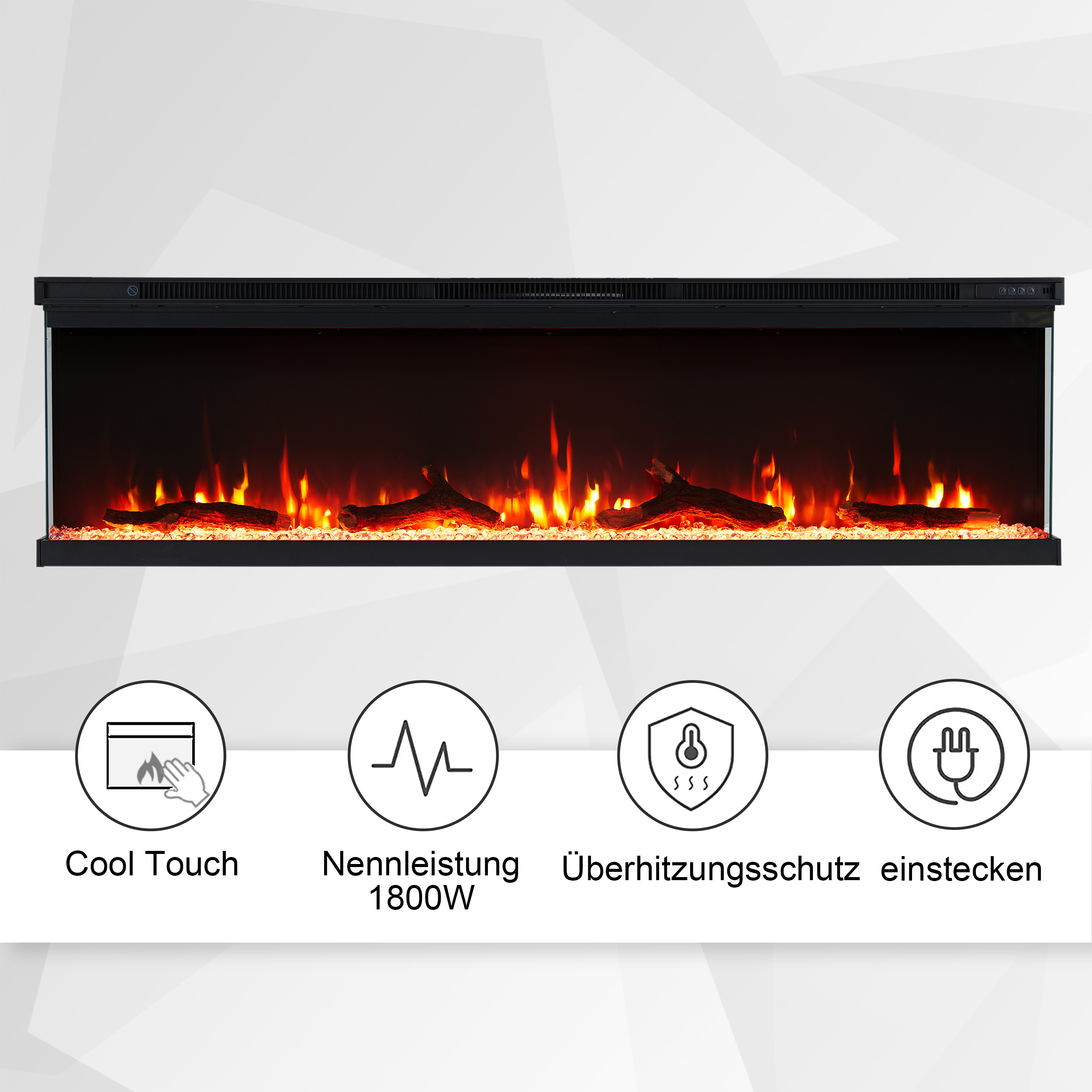 Ein elektrischer Kamin mit schwarzem Rahmen. Er hat einen Flammeneffekt mit Holzscheiten und darunter Icons.