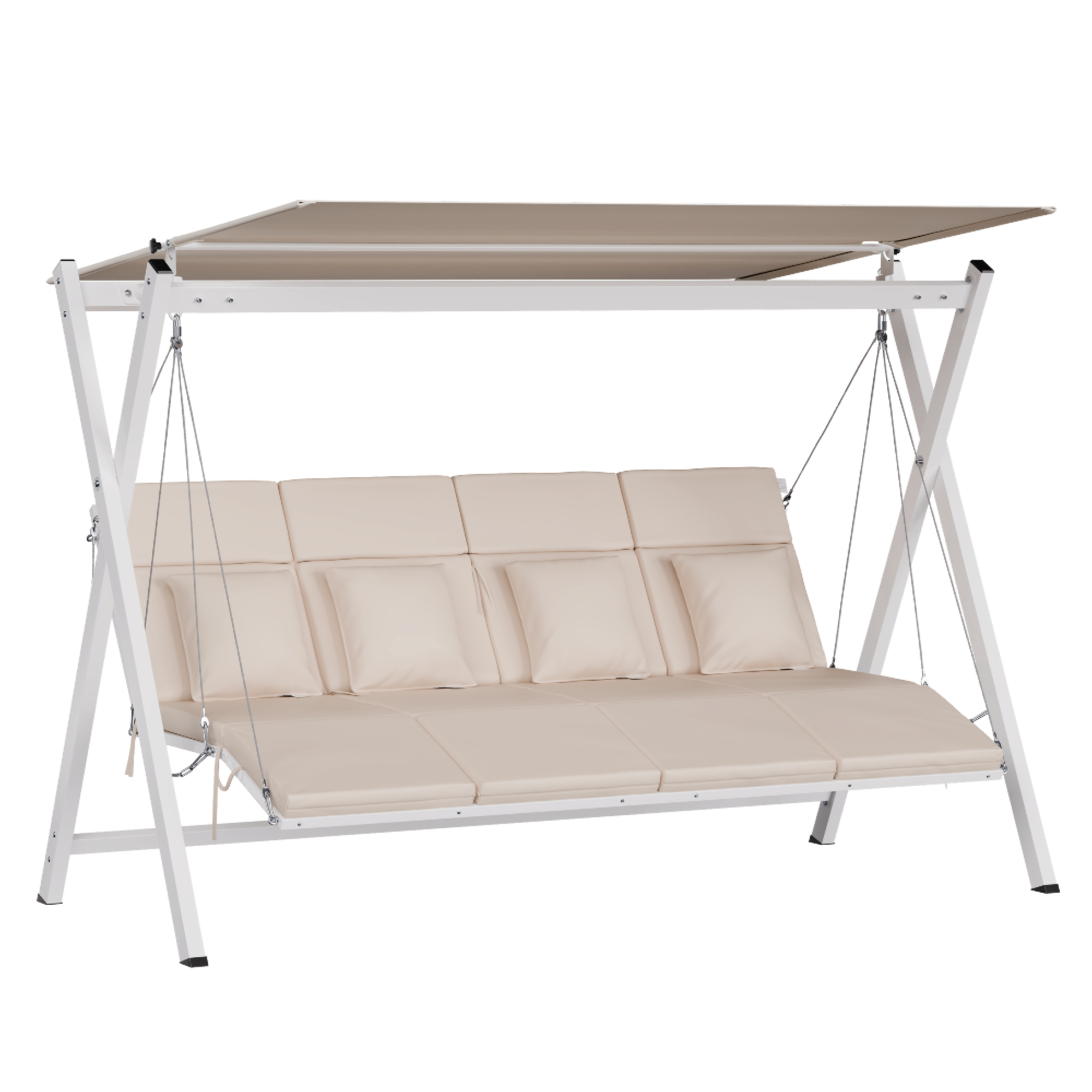 Eine beige Schaukel mit Baldachin auf einem weißen Metallrahmen. Sie hat Kissen. Der Hintergrund ist weiß.