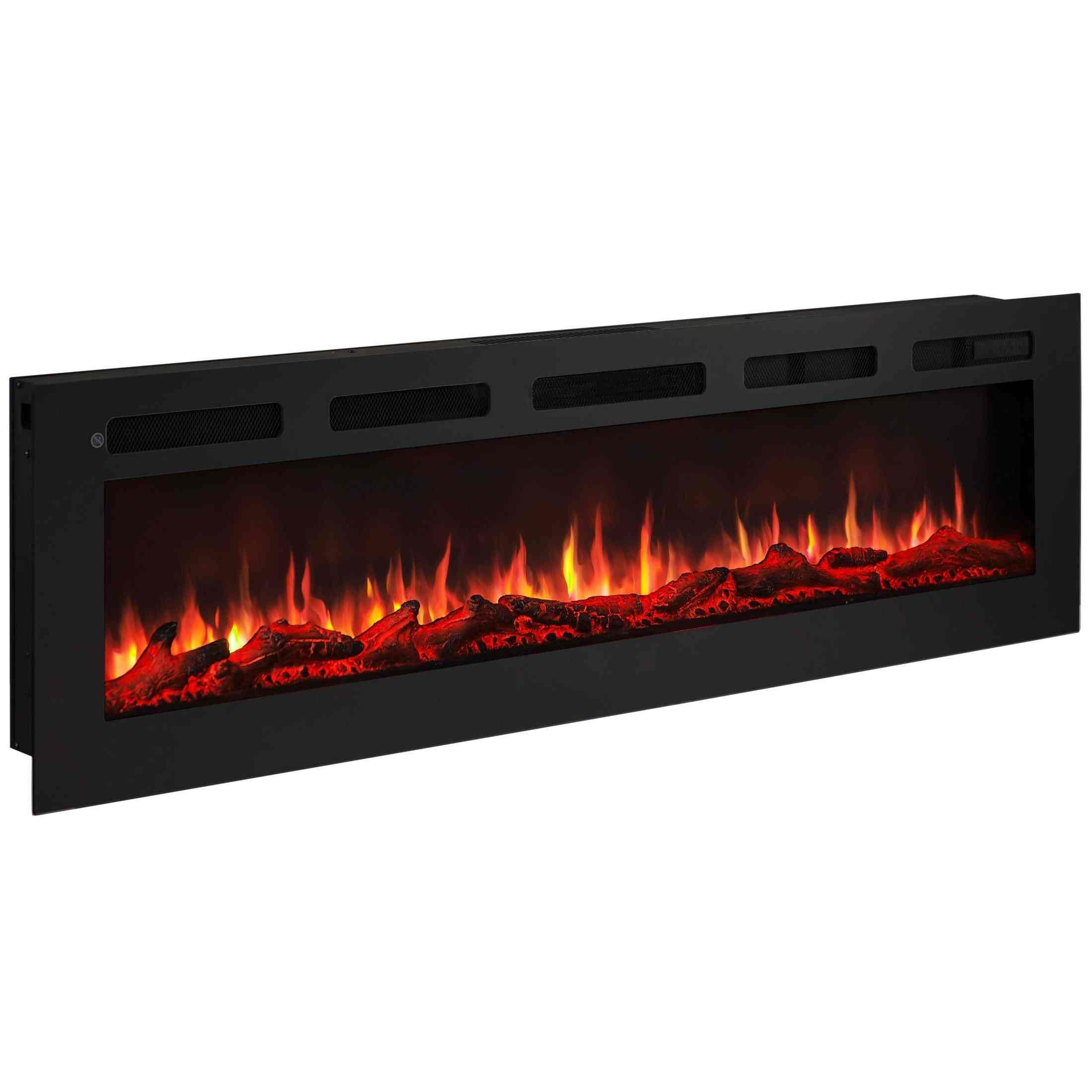 Ein schwarzer Elektrokamin mit flammendem Effekt. Rote und orangefarbene Flammen über künstlichen Holzscheiten.